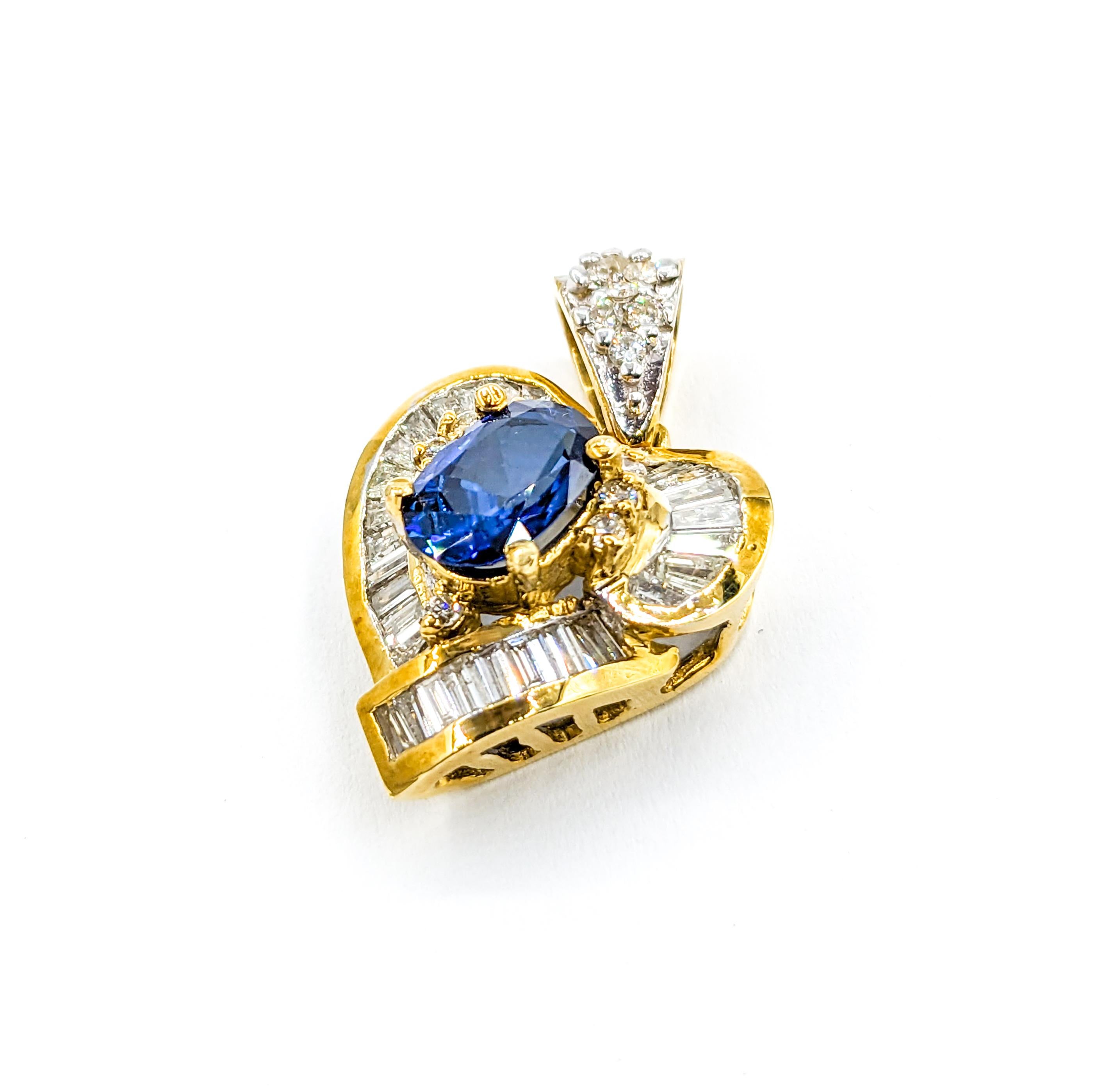 Oval Cut Fantastic Blue Sapphire & Diamond Heart Pendant in 18k Yellow Gold For Sale