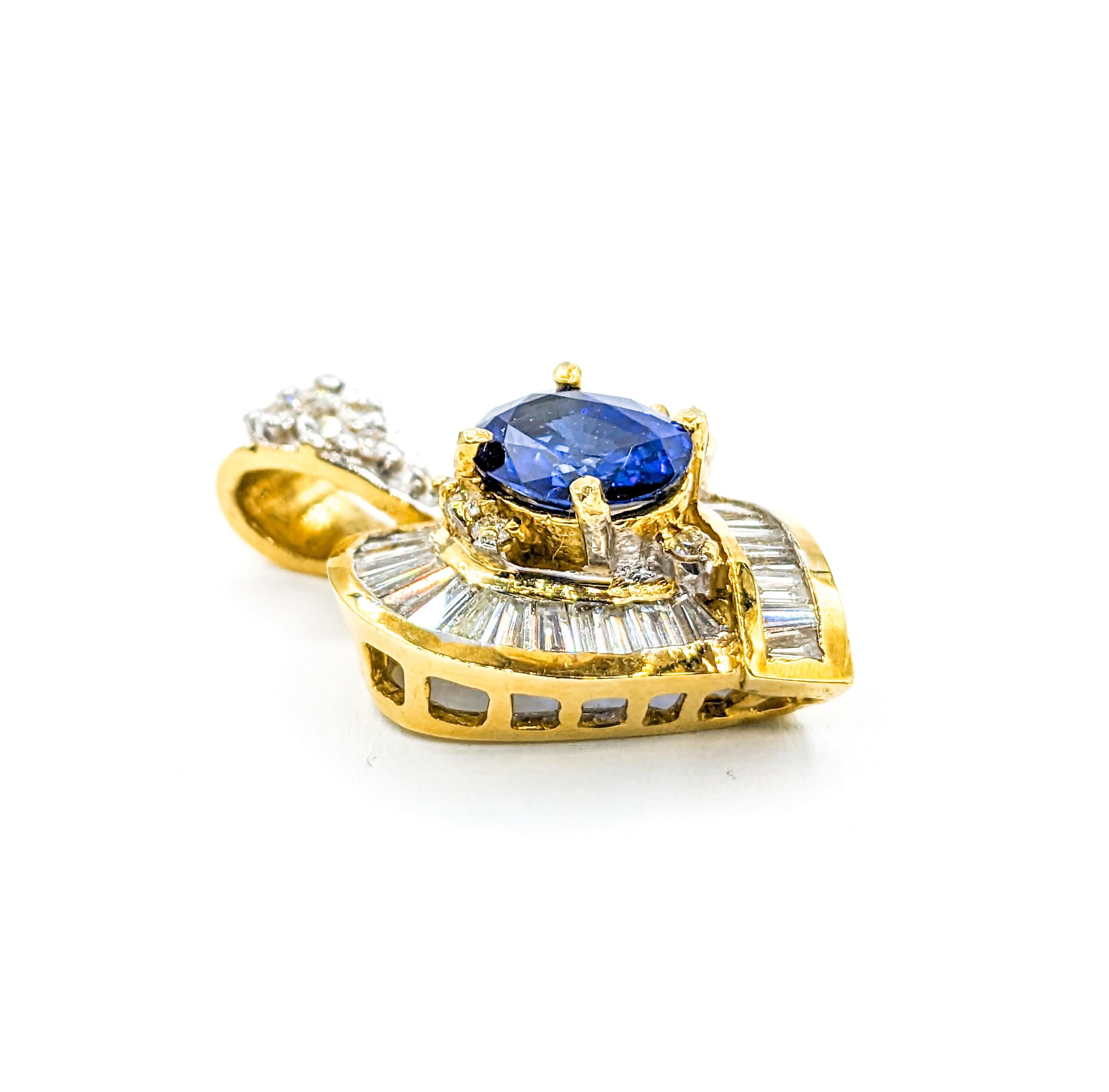 Women's Fantastic Blue Sapphire & Diamond Heart Pendant in 18k Yellow Gold For Sale