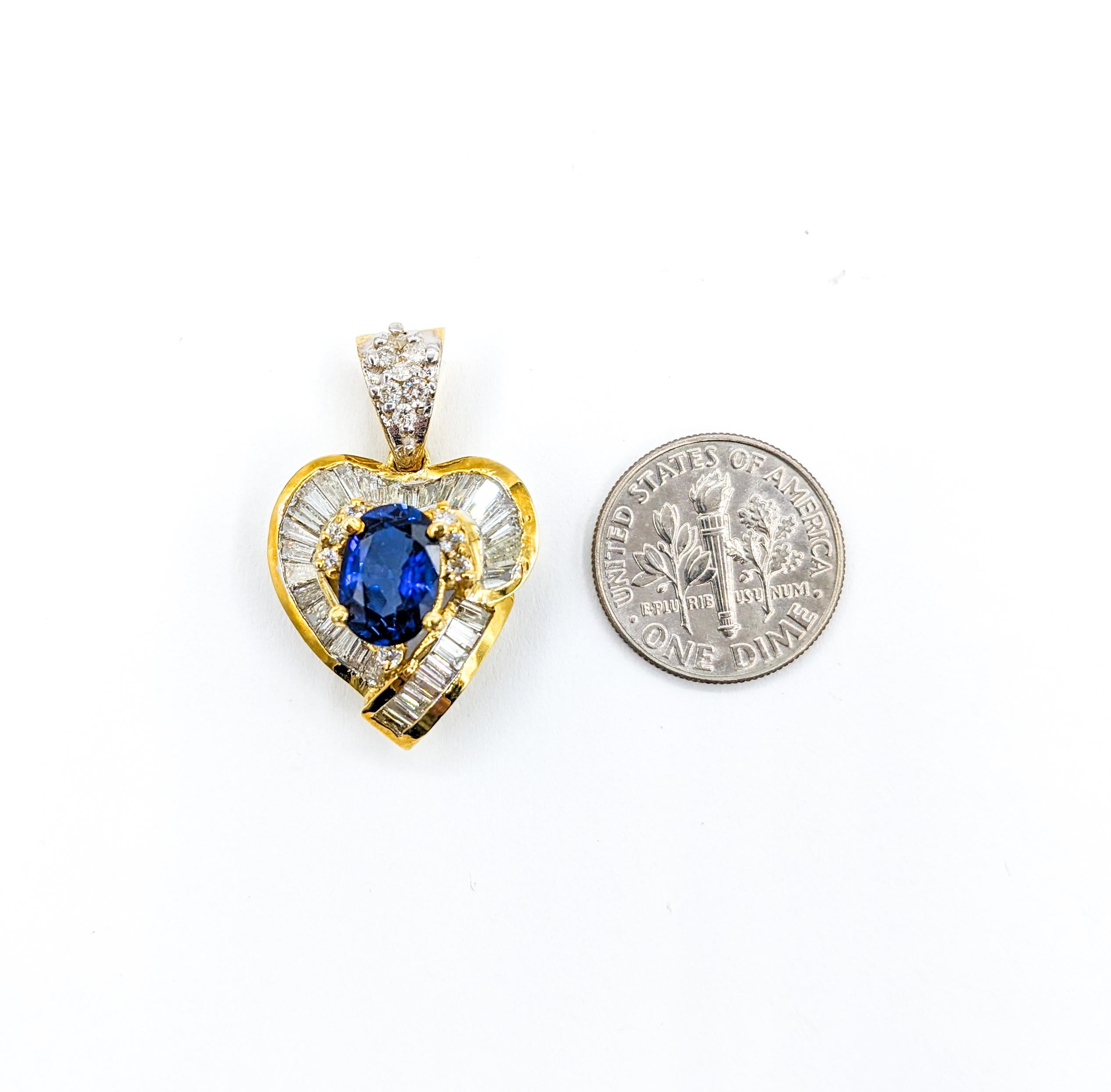 Fantastic Blue Sapphire & Diamond Heart Pendant in 18k Yellow Gold For Sale 3