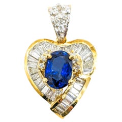 Vintage Fantastic Blue Sapphire & Diamond Heart Pendant in 18k Yellow Gold