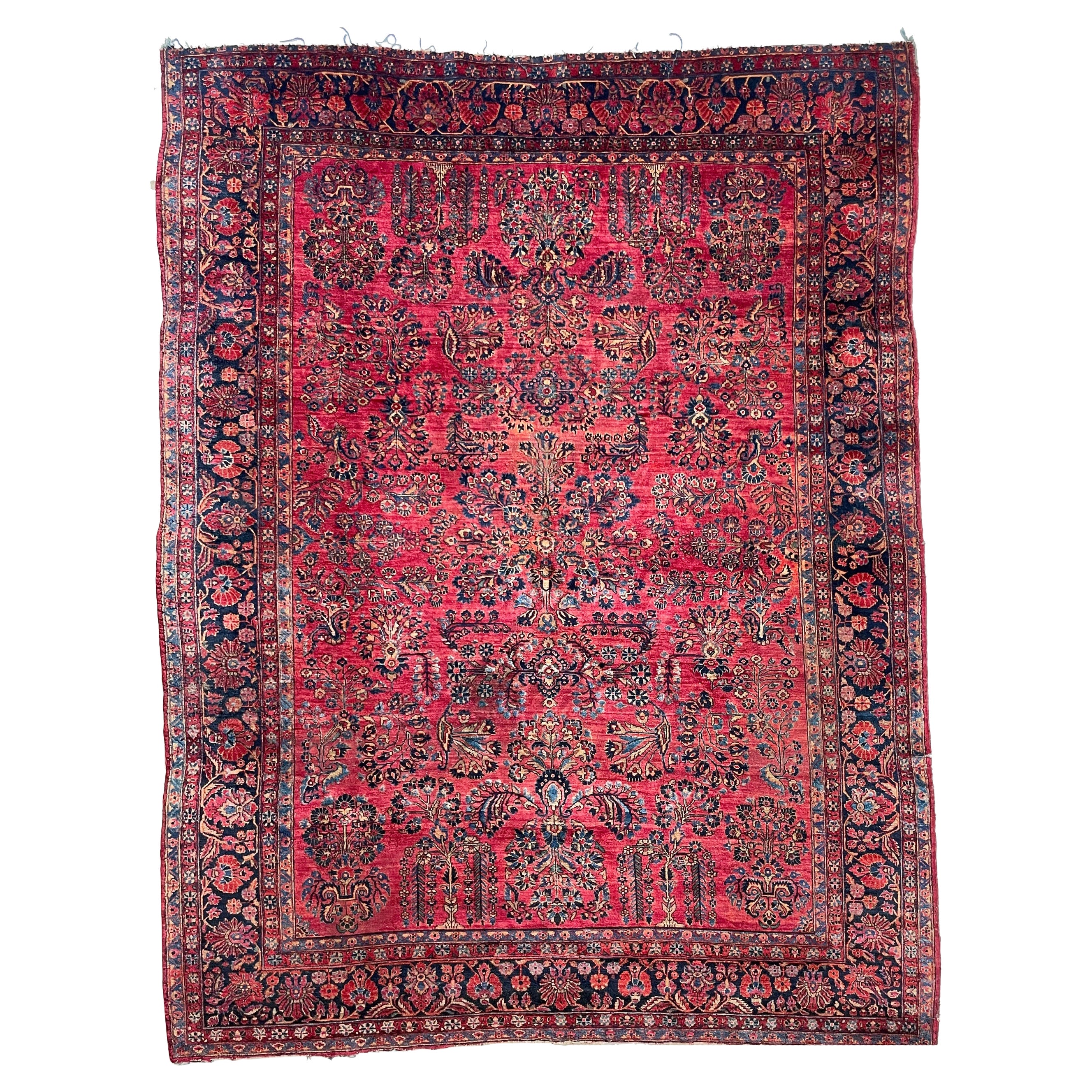 Fantastique tapis ancien de beauté botanique de couleur rose, vers les années 1930