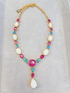 Bochic “Capri” Vintage Blue & White Opal, Ruby Necklace set 18K Gold & Silver