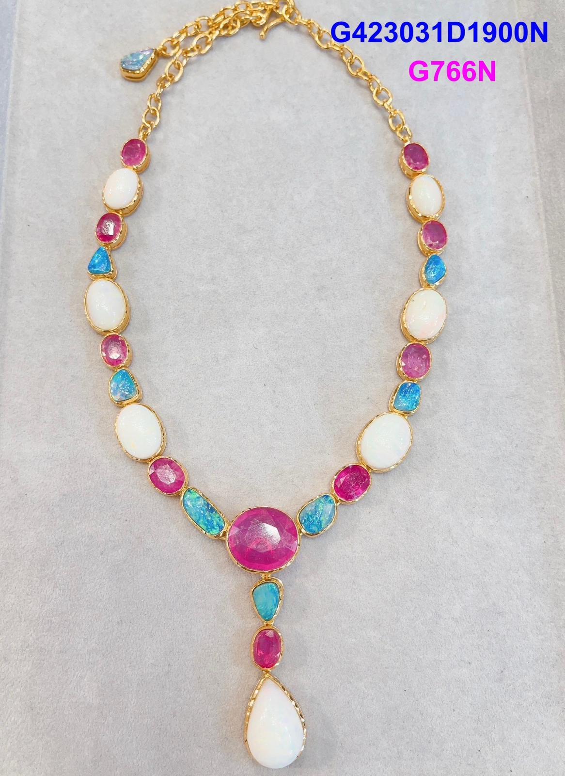 Belle Époque Fantastic Bochic “Capri” Blue & White Opal, Ruby Necklace set 22K Gold & Silver For Sale