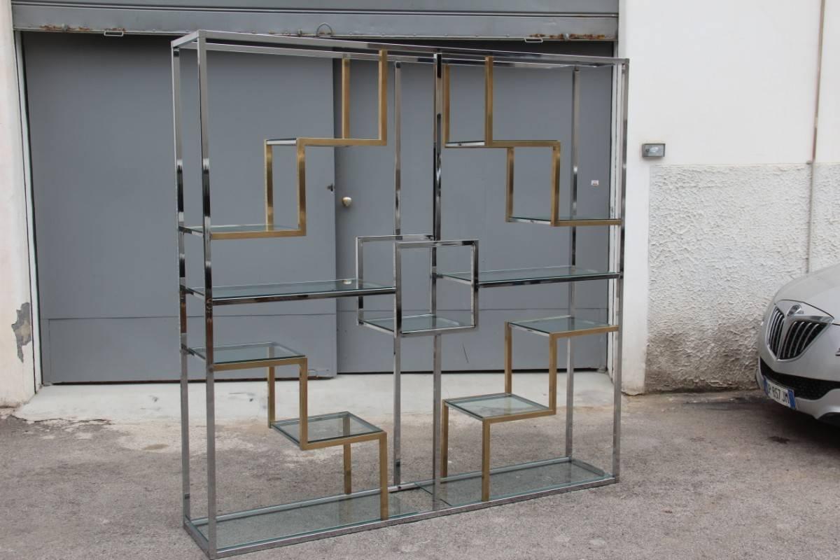 Fantastic Bookcase in Chromed Metal and Minimalist Brass Romeo Rega 7