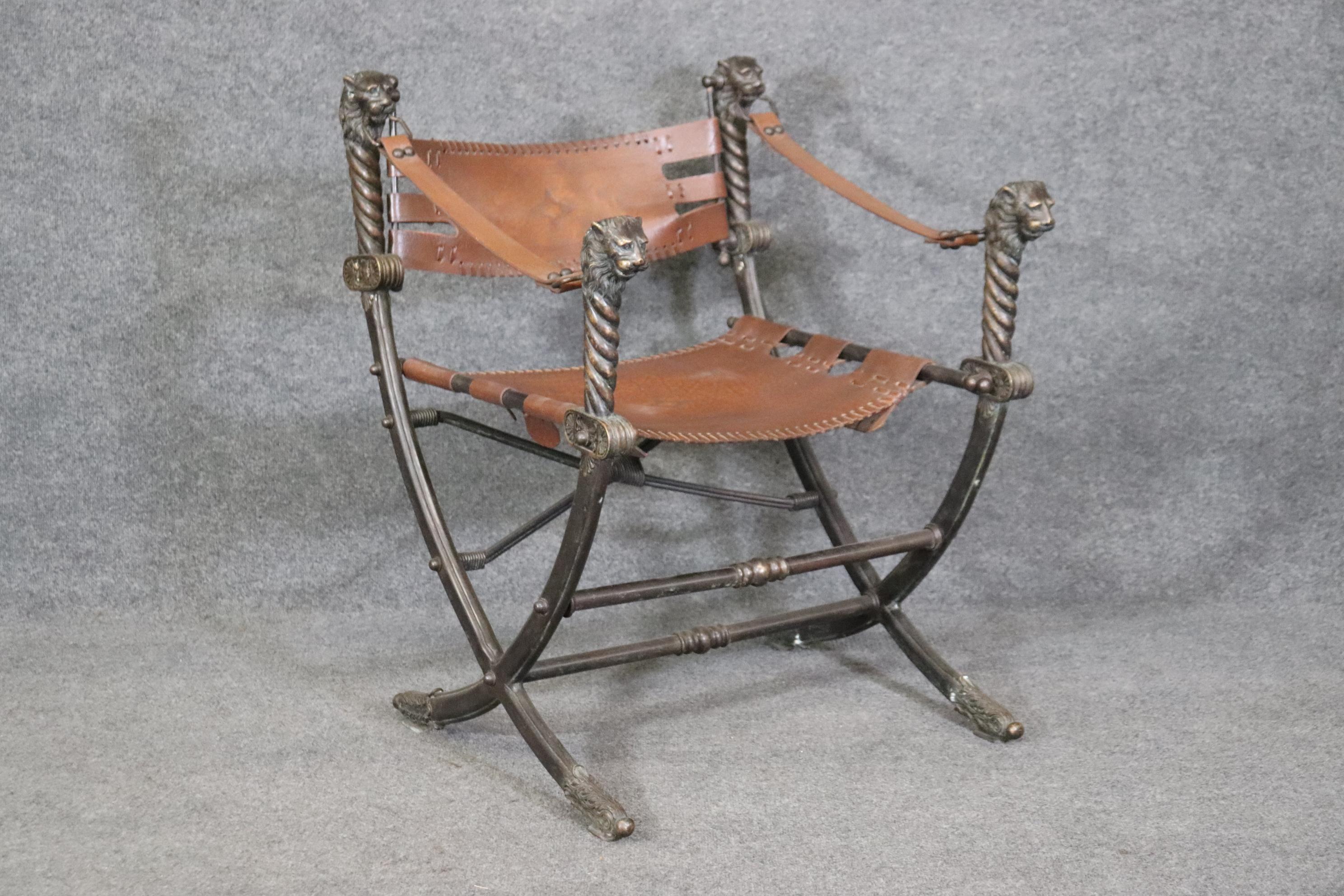 Fantastic Bronze and Leather Lion Head Savonarolla Chair  In Good Condition For Sale In Swedesboro, NJ