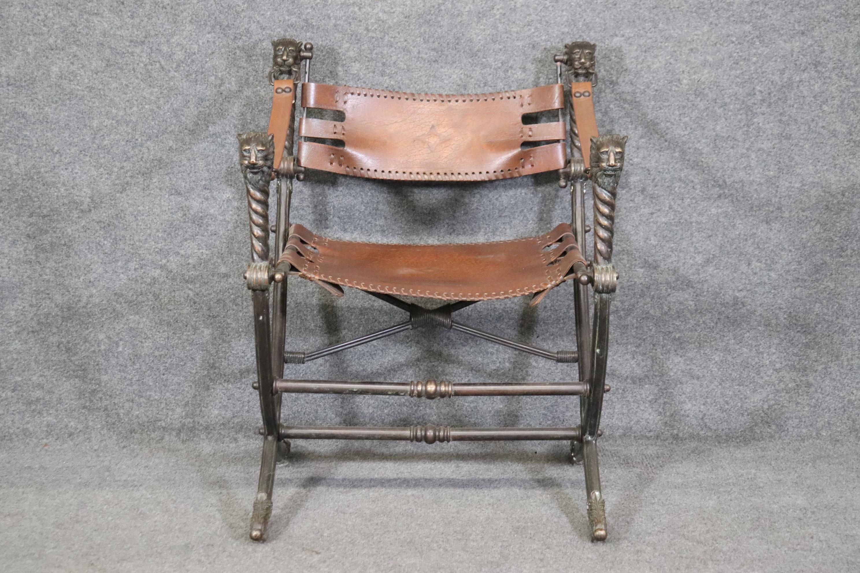 Fantastic Bronze and Leather Lion Head Savonarolla Chair 1