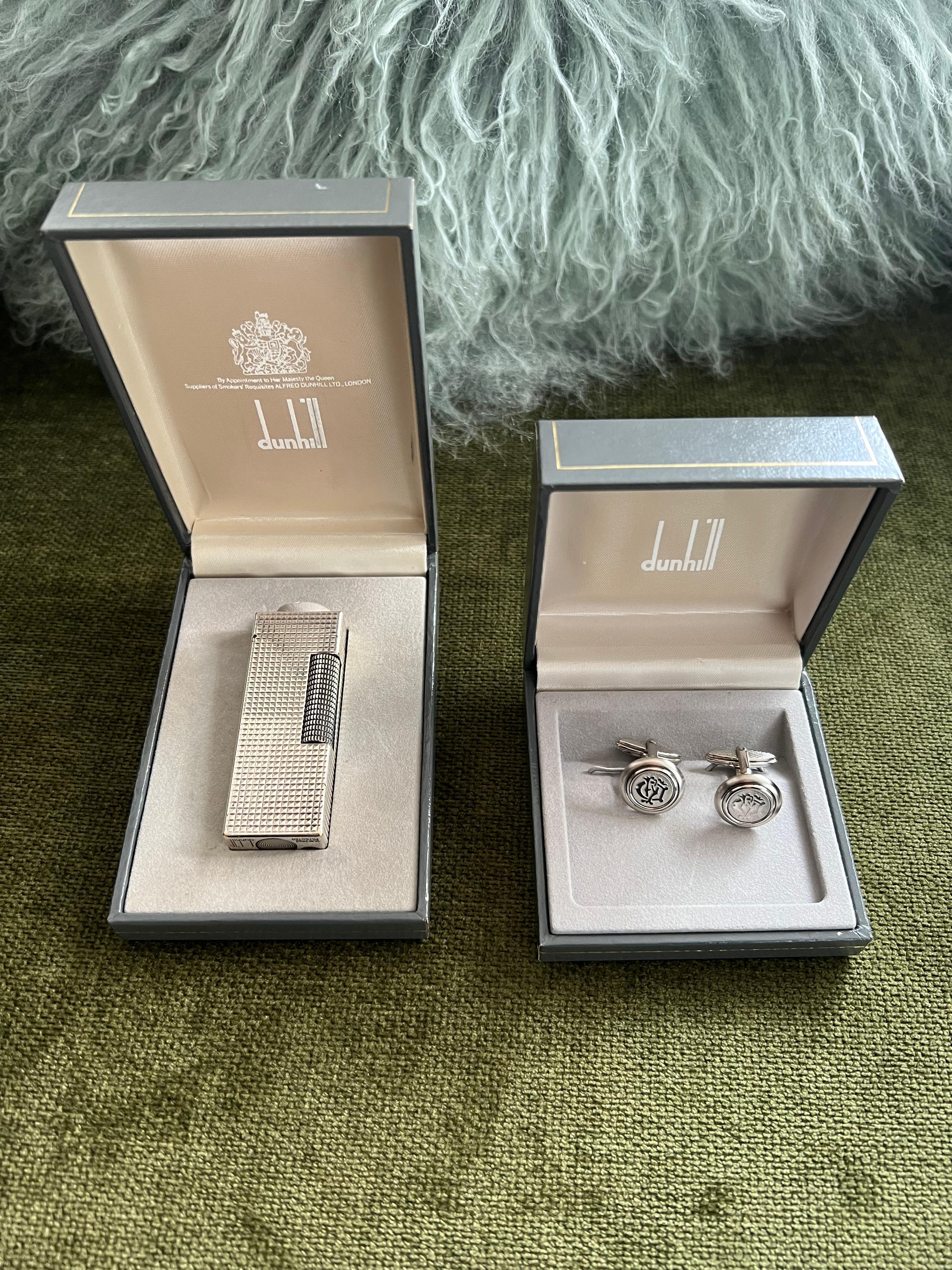 Fantastic Dunhill Vintage Set, Silver Plated Lighter & Cufflinks In Excellent Condition In New York, NY