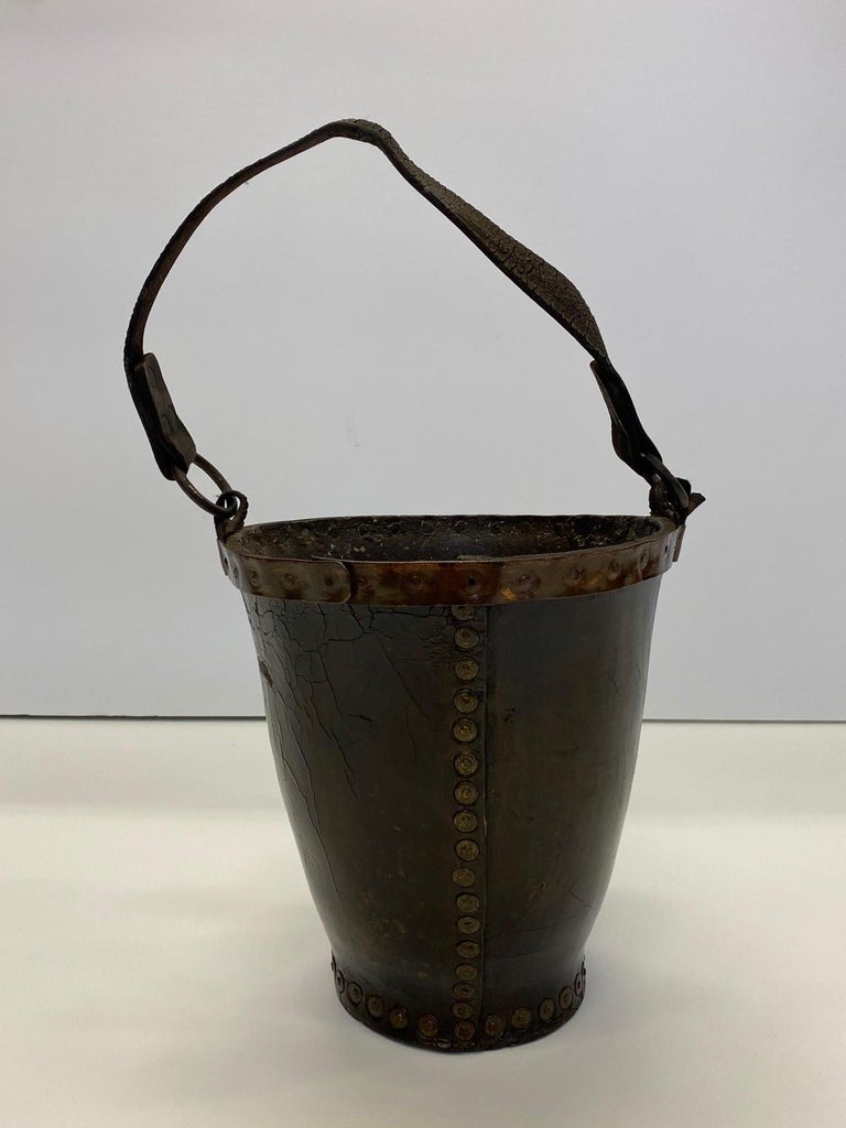 Fantastic Early English Hand Painted Leather Fire Bucket For Sale at