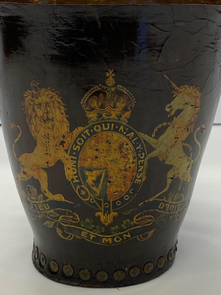 Fantastic Early English Hand Painted Leather Fire Bucket For Sale at