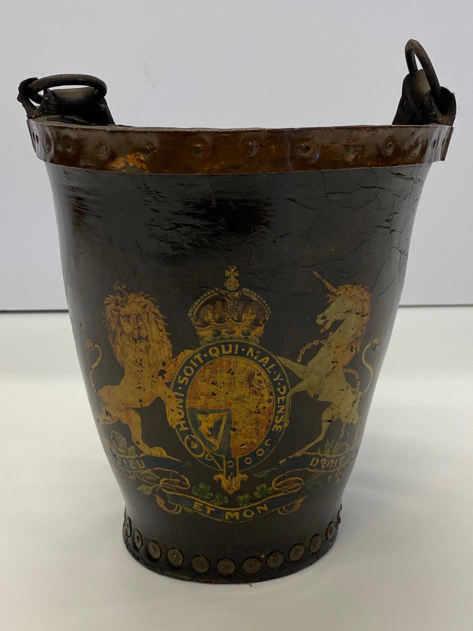 Fantastic Early English Hand Painted Leather Fire Bucket 1