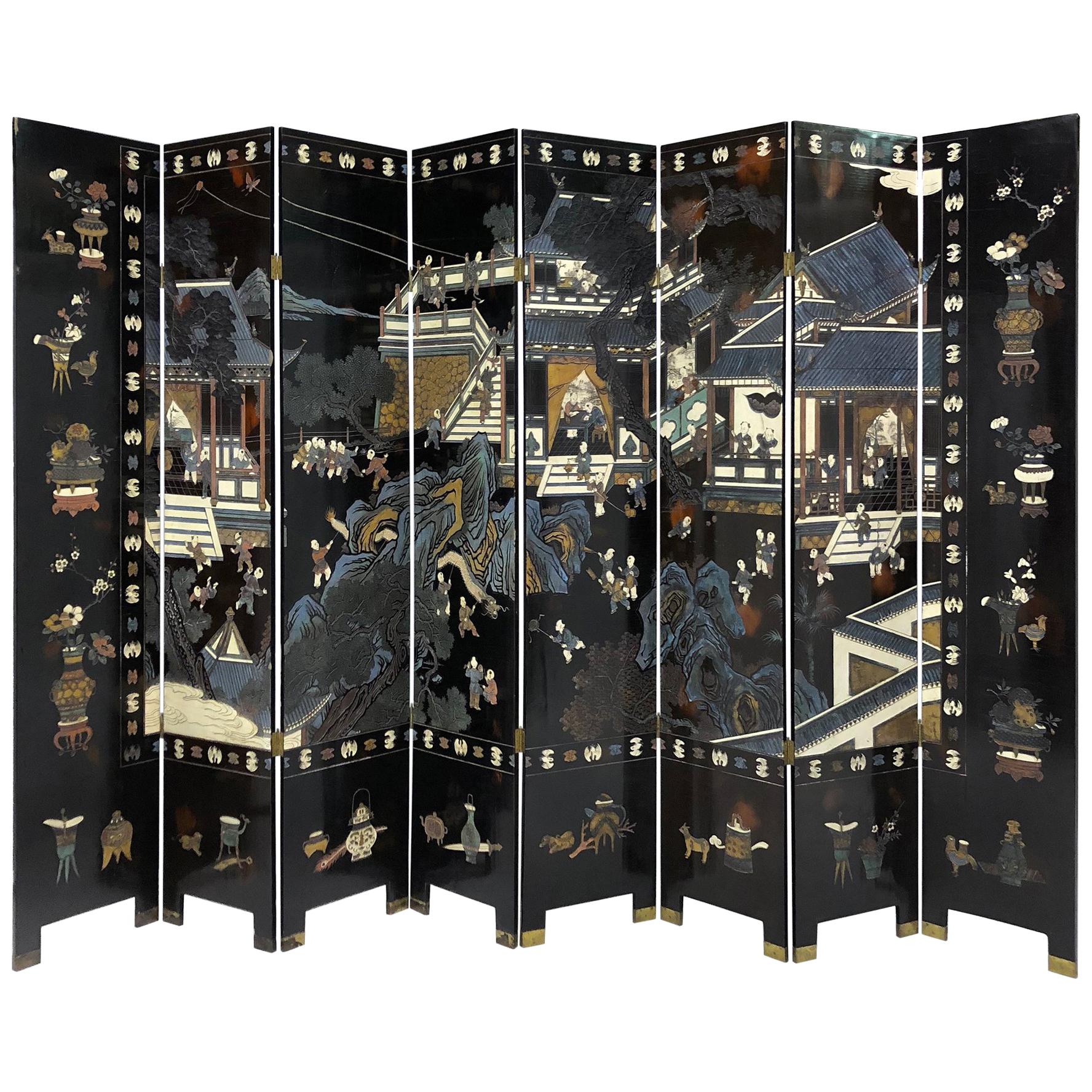 Fantastic Eight Panel Chinese Coromandel Folding Lacquered Screen