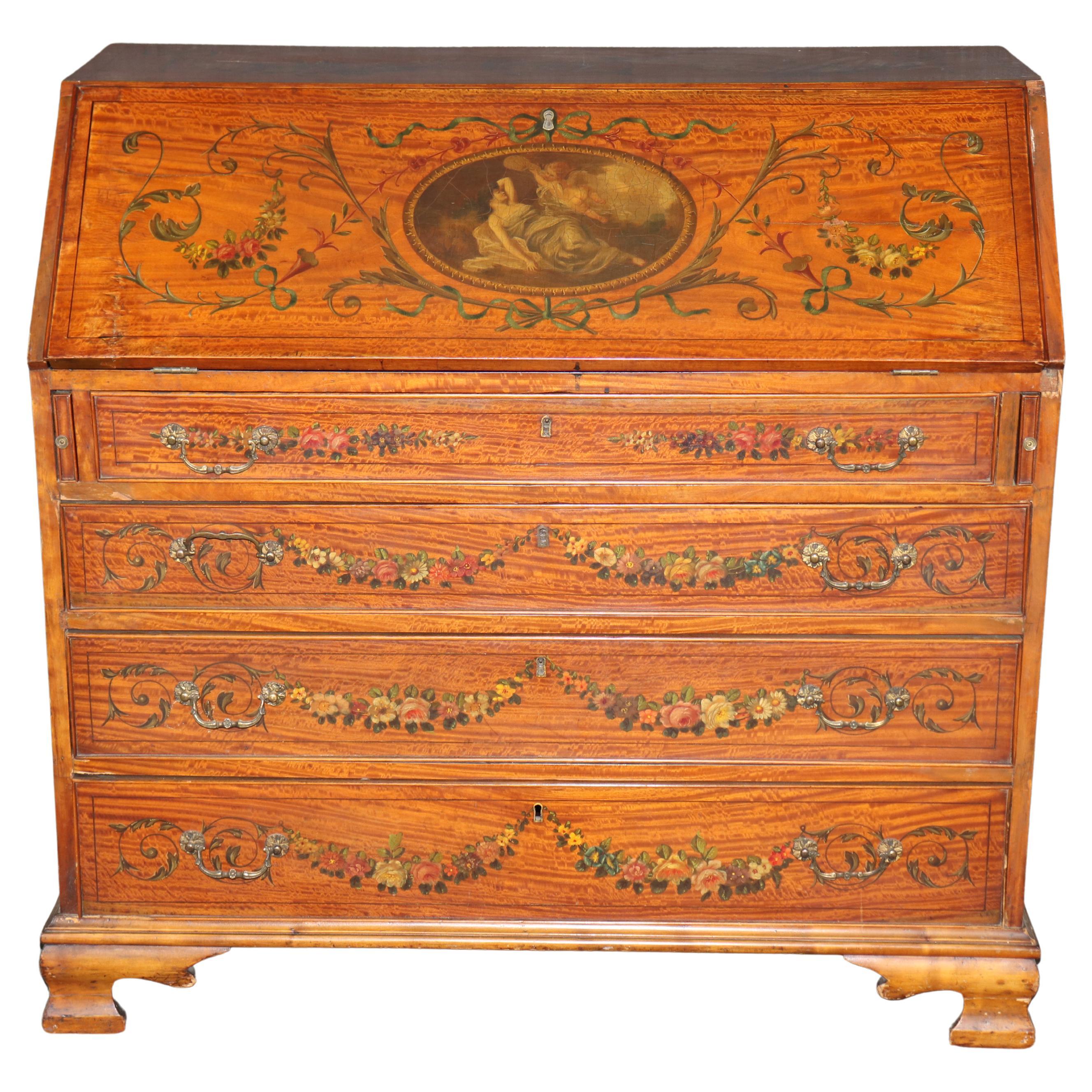 Fantastic English Adams Paint Decorated Satinwood Slant Lid Secretary Desk
