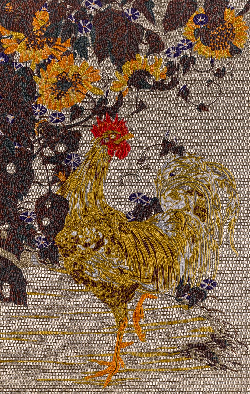 Italian  Fabric Tapestry with Rooster Design Upholstered Panel on Demand For Sale
