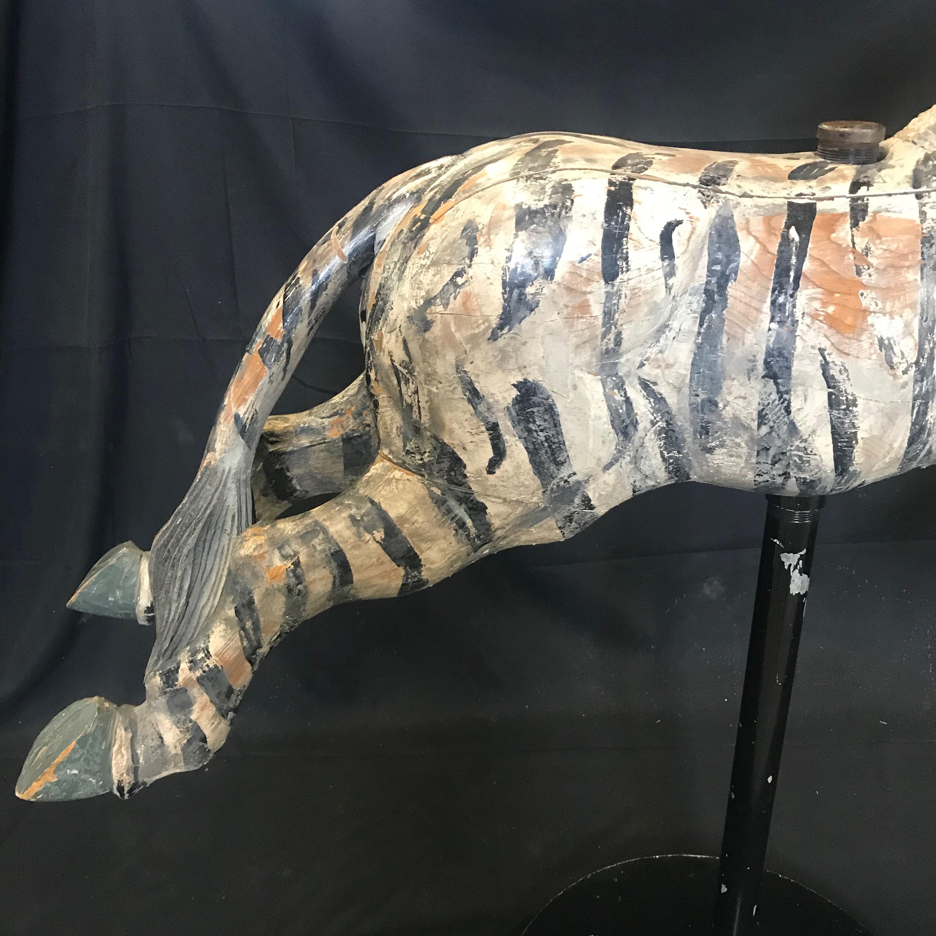 Fantastic Folk Art Large Carved Wood Carousel Zebra 4