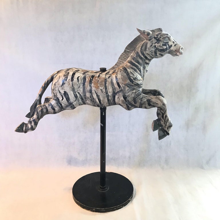 Fantastic Folk Art Large Carved Wood Carousel Zebra at 1stDibs