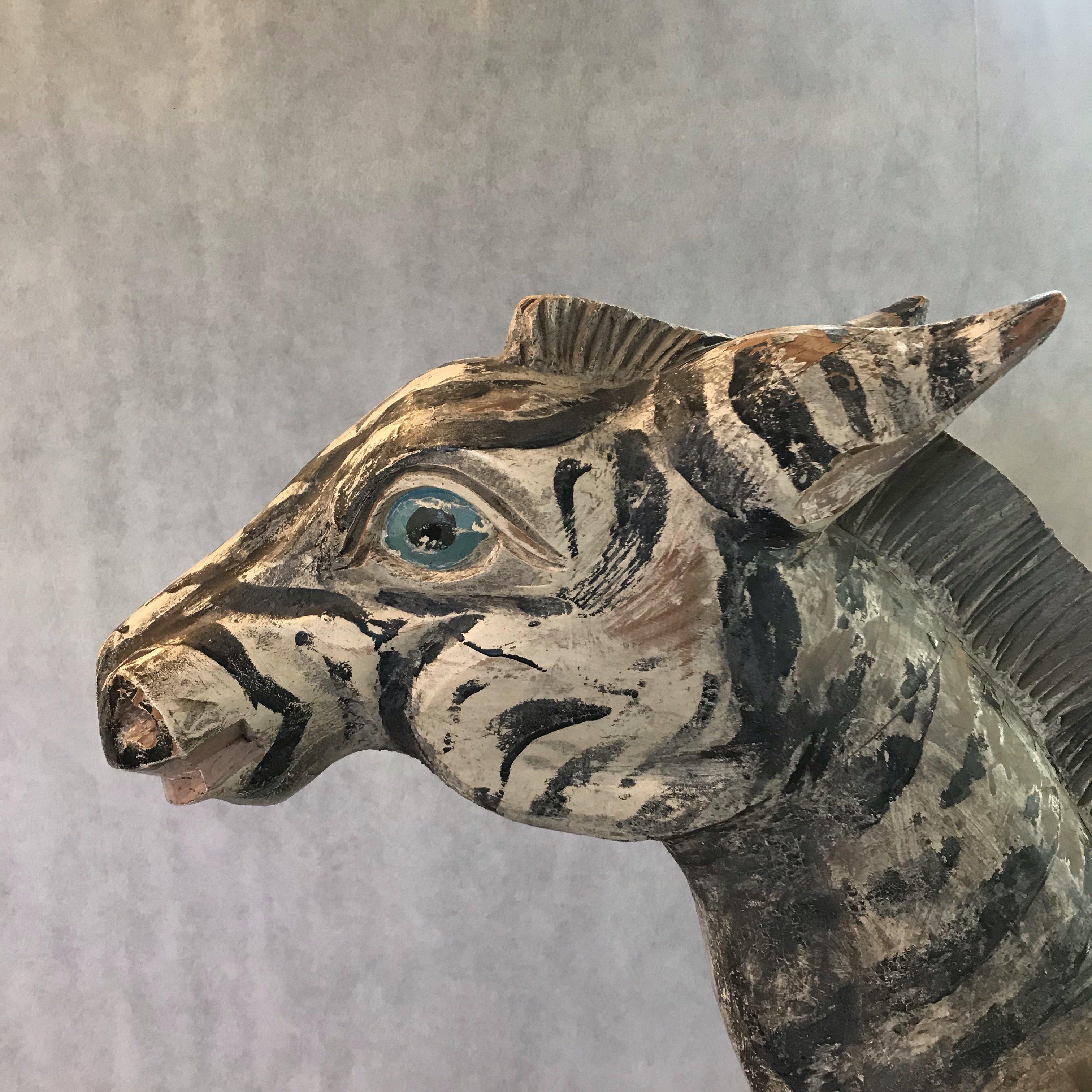 American Fantastic Folk Art Large Carved Wood Carousel Zebra
