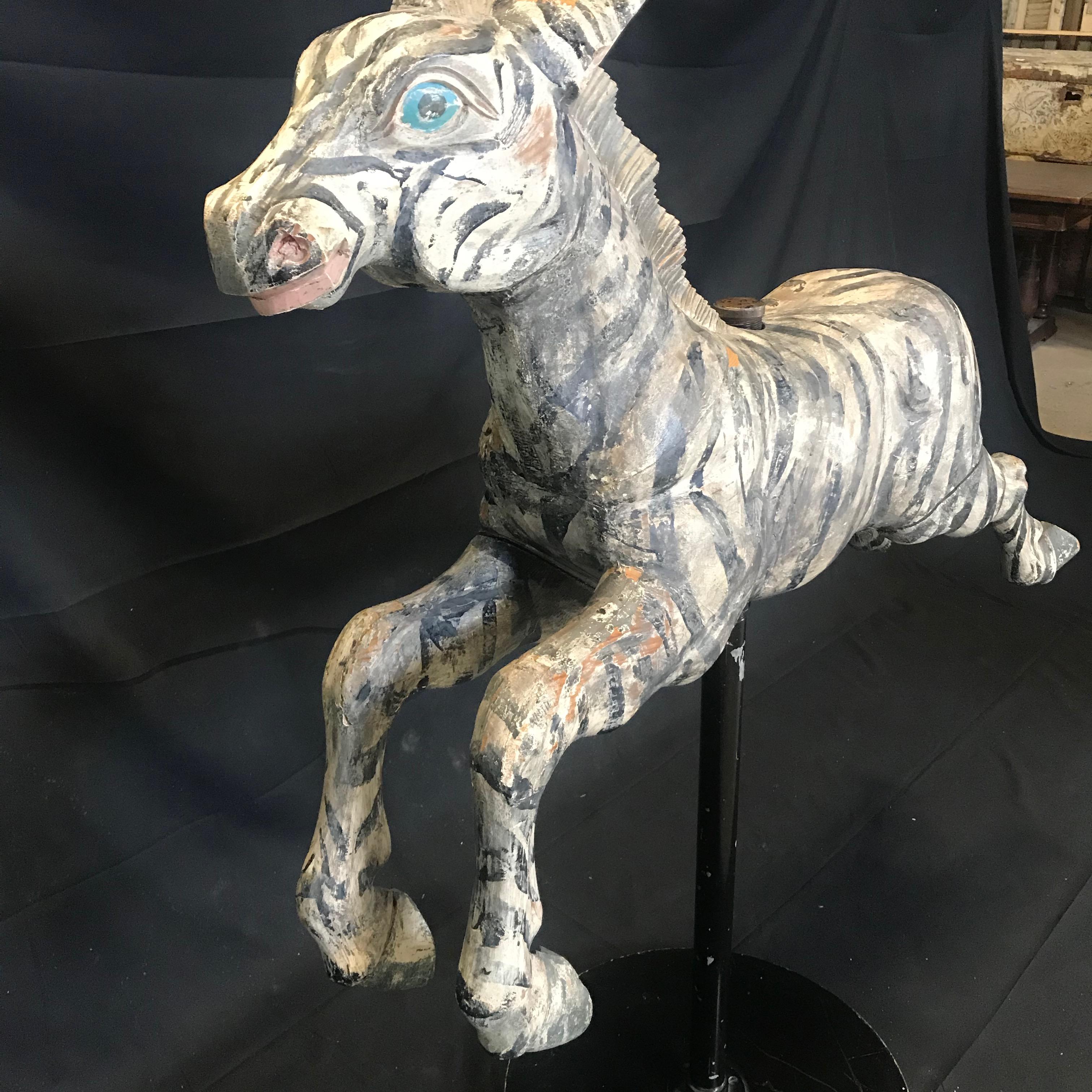 Fantastic Folk Art Large Carved Wood Carousel Zebra In Distressed Condition In Hopewell, NJ