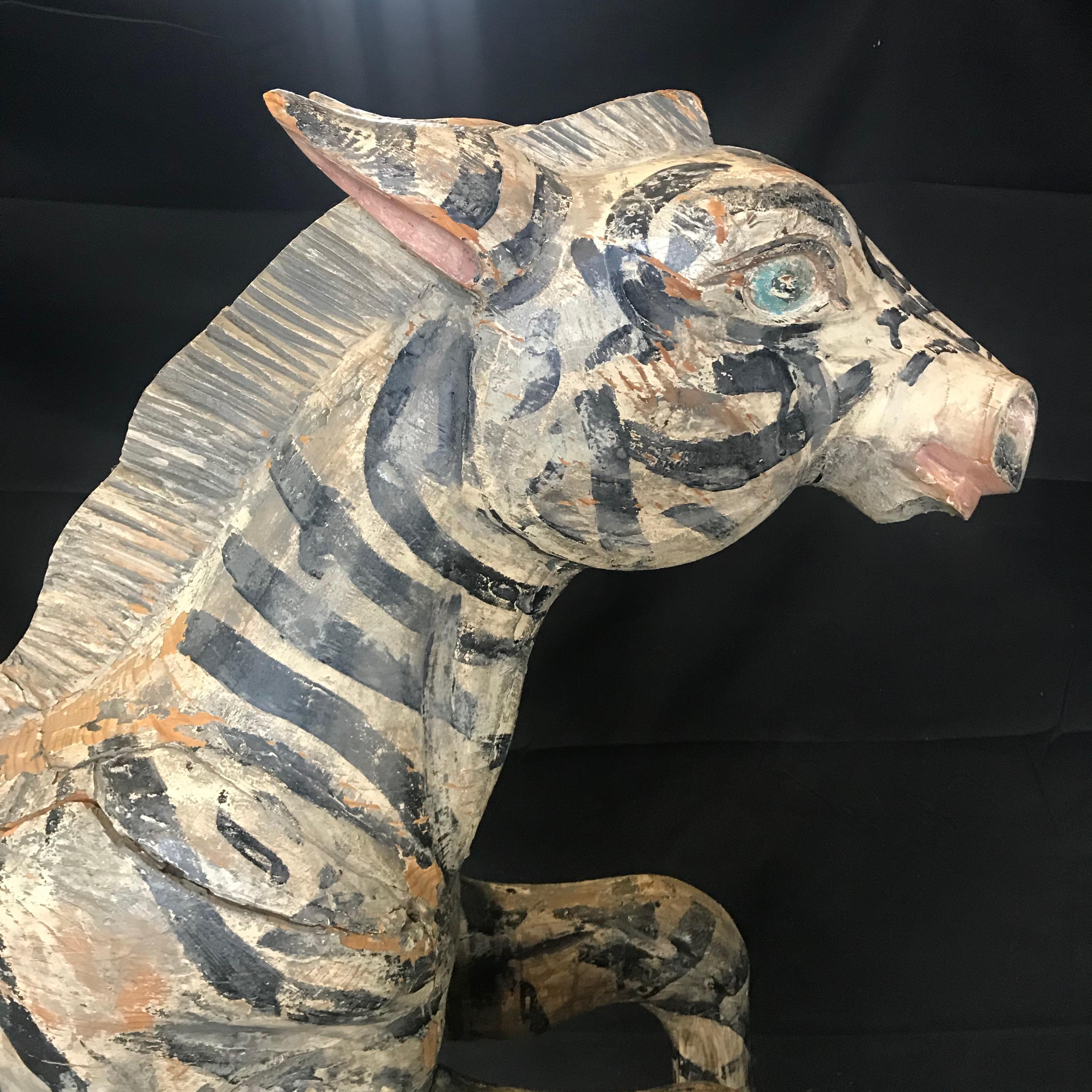 19th Century Fantastic Folk Art Large Carved Wood Carousel Zebra