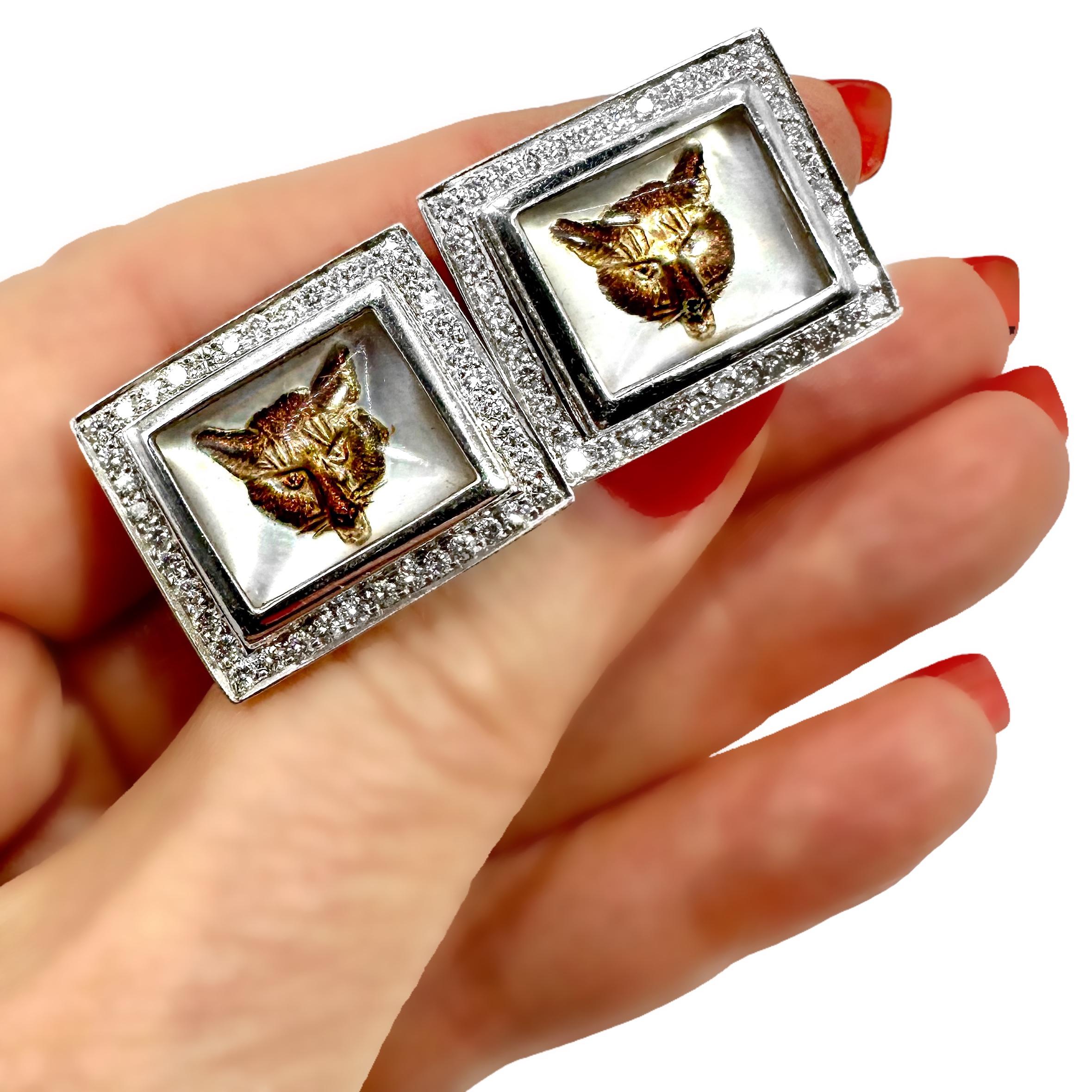 Fantastische Manschettenknöpfe mit Fuchs aus Weißgold mit handbemalter Kristall und Diamanten im Angebot 6
