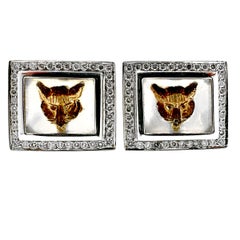 Gemelos Zorro Fantástico de Oro Blanco con Cristal Pintado a Mano y Diamantes