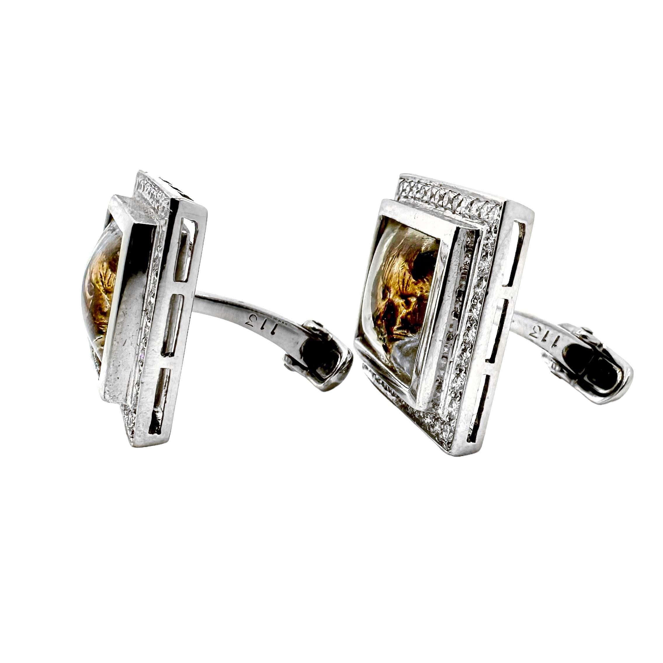 Fantastische Manschettenknöpfe mit Fuchs aus Weißgold mit handbemalter Kristall und Diamanten (Moderne) im Angebot