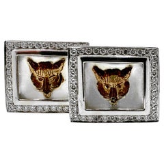 Fantastic Fox Cufflinks in White Gold with Hand Painted Crystal and Diamonds