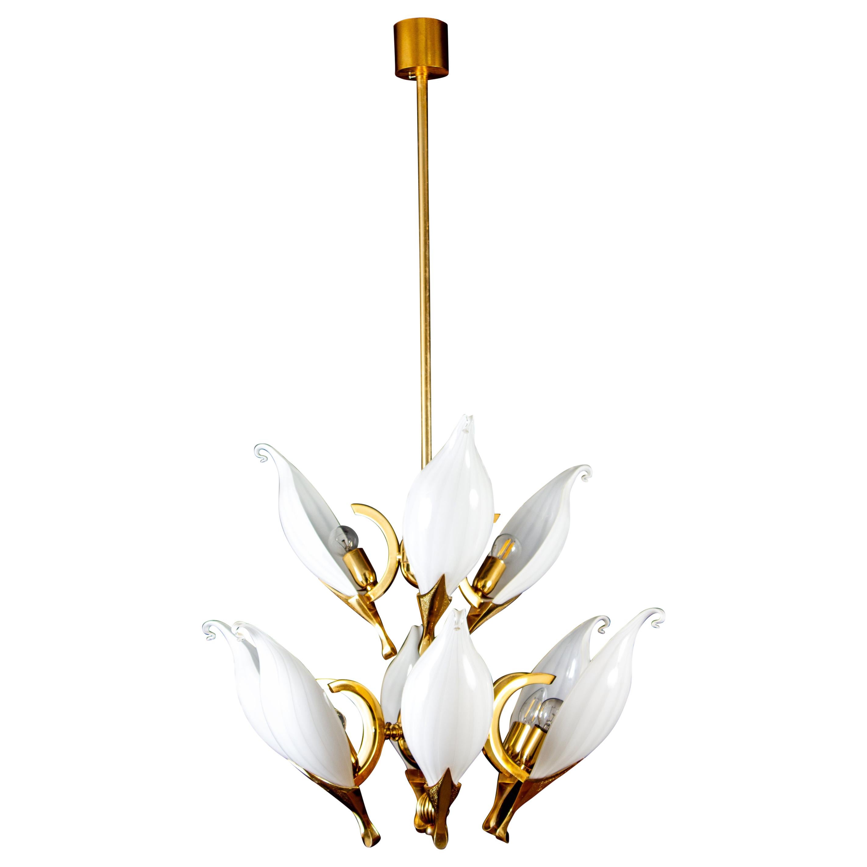Fantastic Franco Luce for Seguso Murano Glass and Brass Chandelier, 1970s