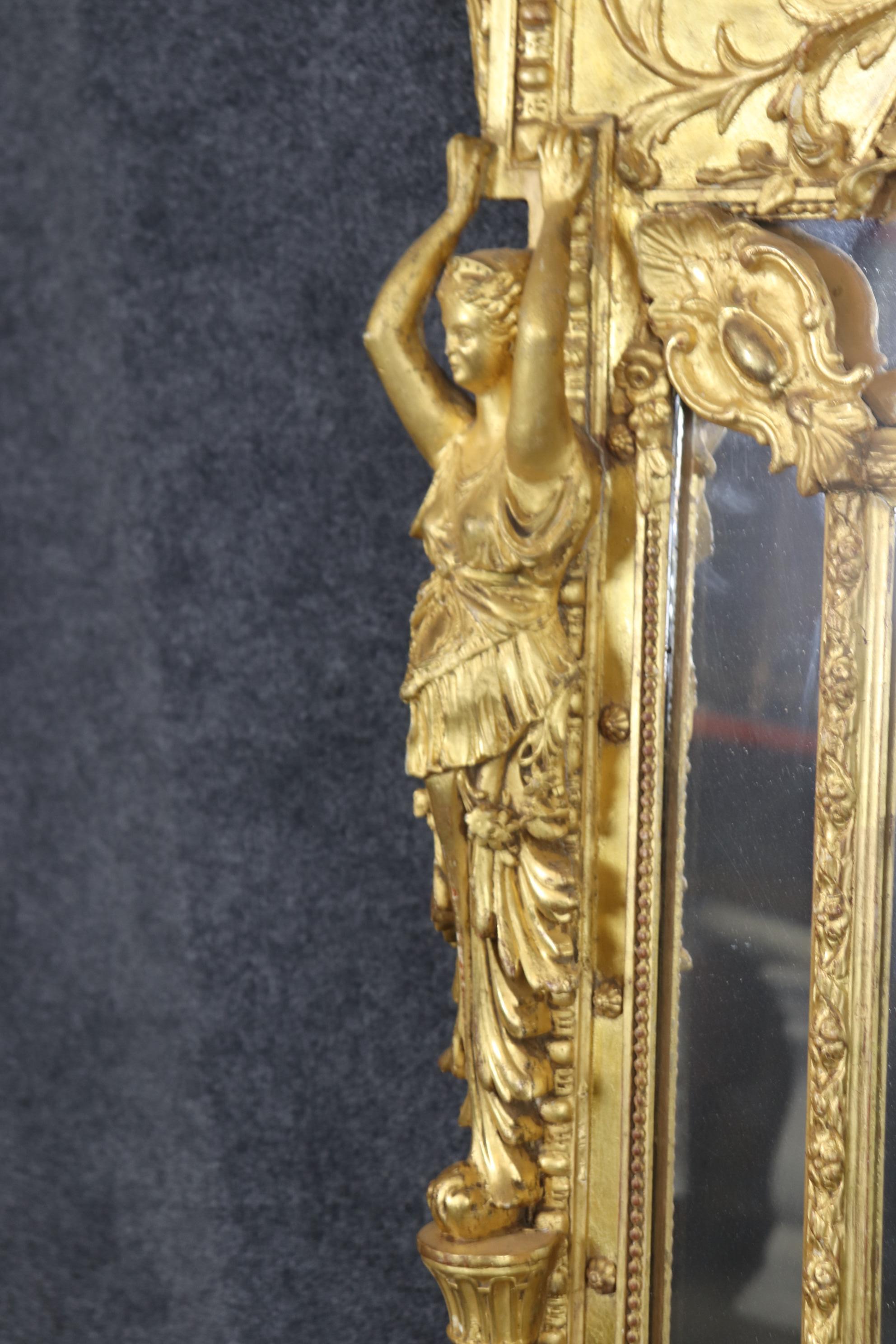 Fantastic French Gilded Figural Maiden Mirror with Full Body Birds and Flowers For Sale 10
