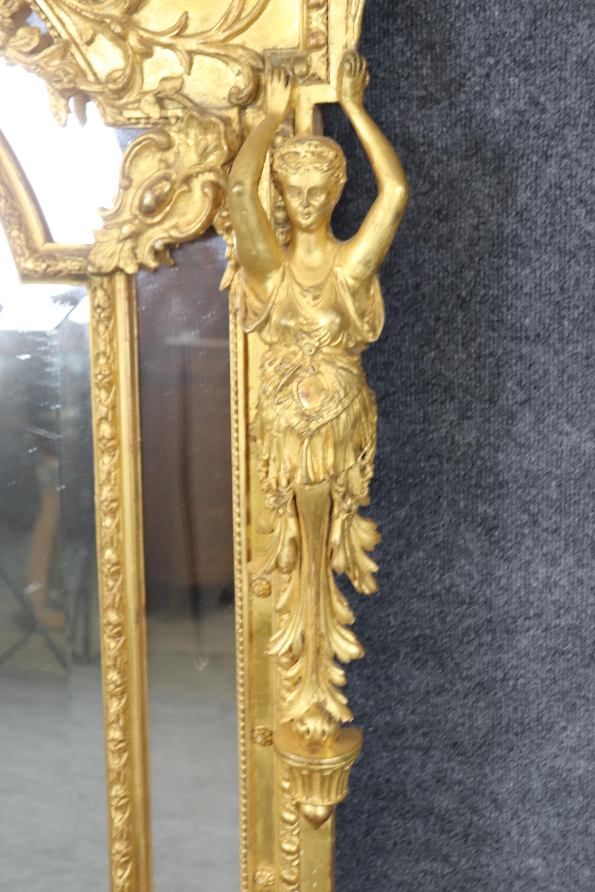 Fantastic French Gilded Figural Maiden Mirror with Full Body Birds and Flowers For Sale 14