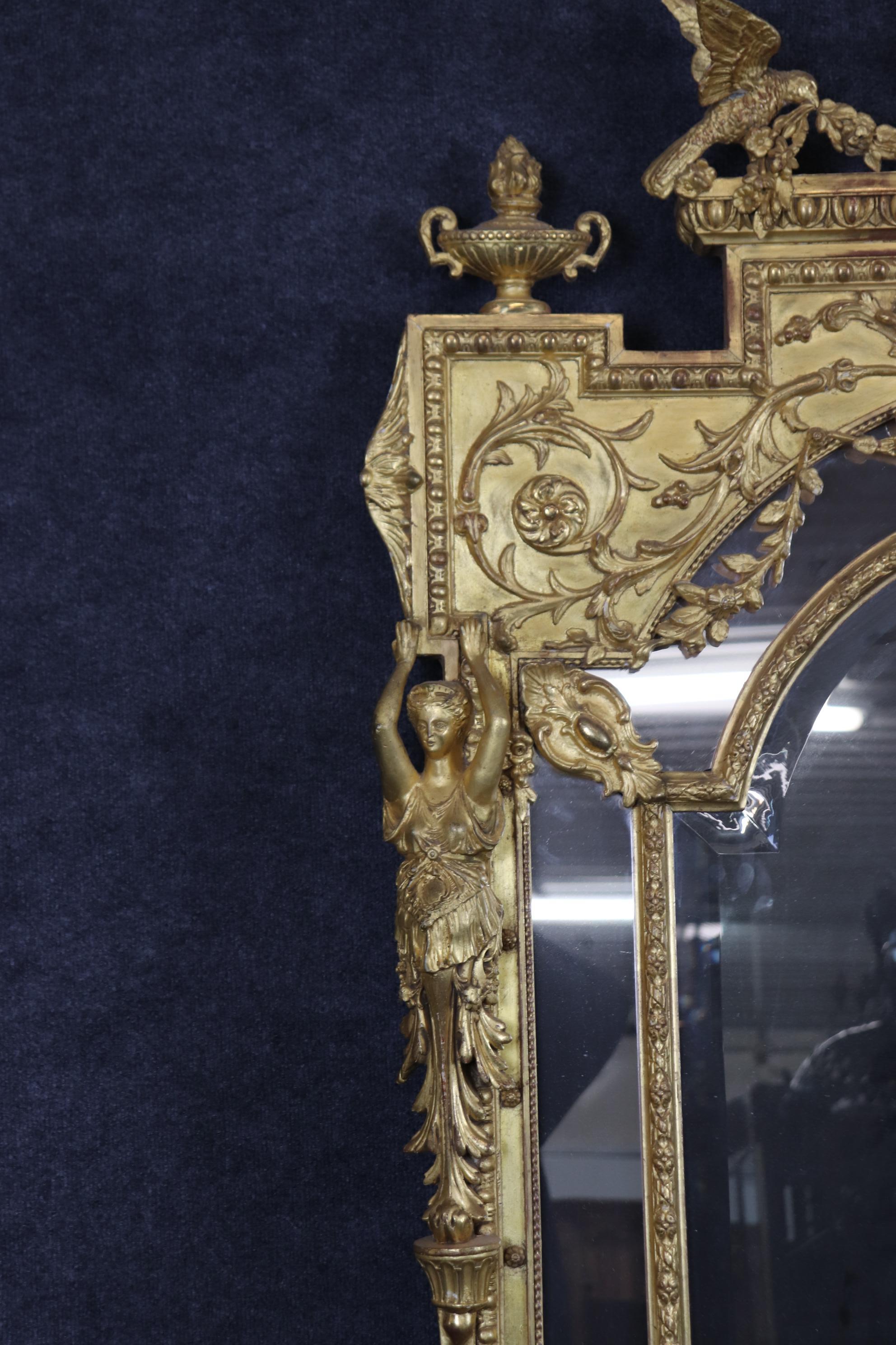 Gesso Fantastic French Gilded Figural Maiden Mirror with Full Body Birds and Flowers For Sale