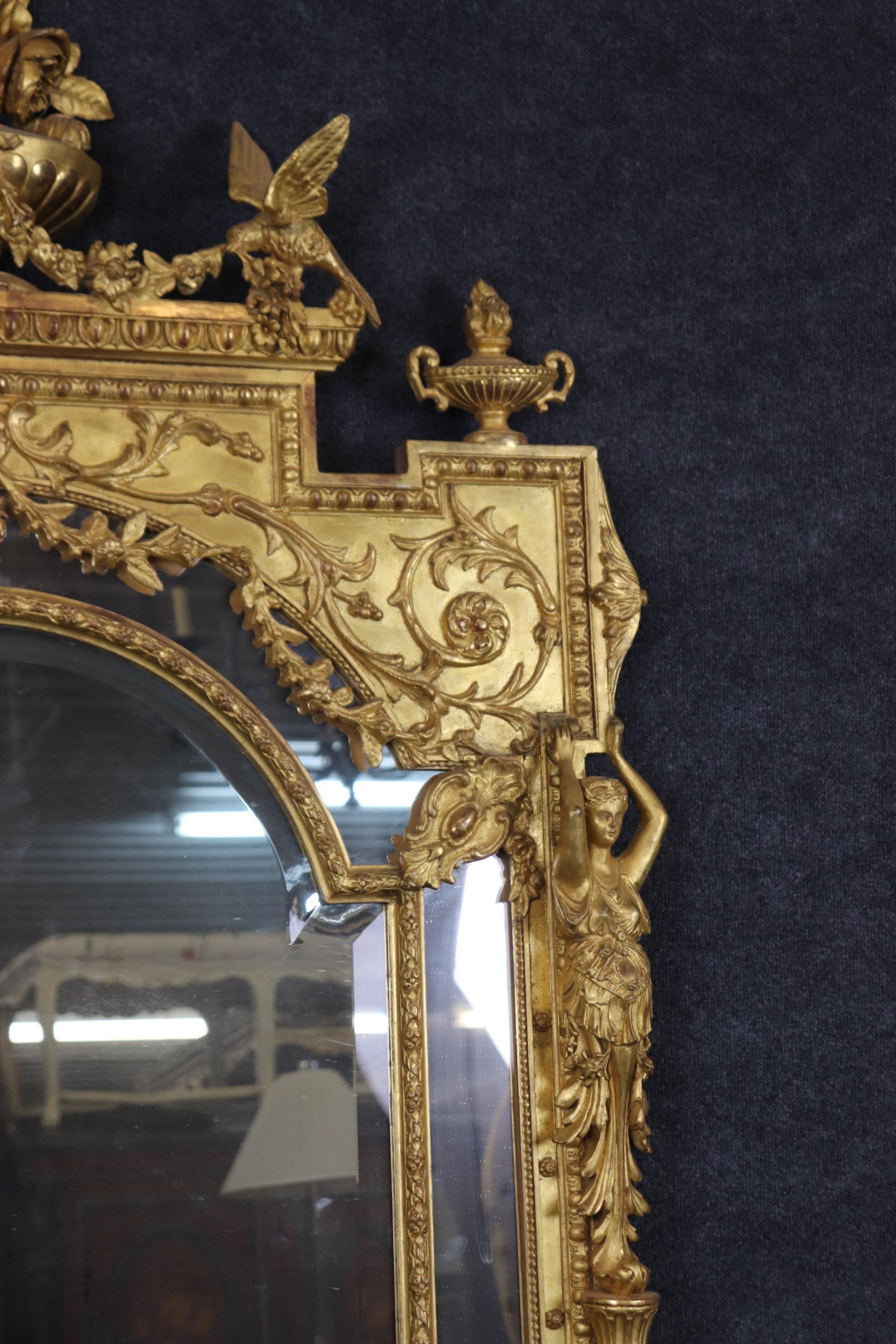 Fantastic French Gilded Figural Maiden Mirror with Full Body Birds and Flowers For Sale 1