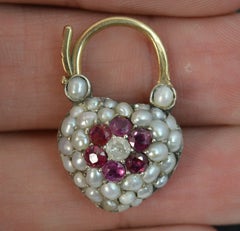Fantastic Georgian Period Rose Gold Diamond Ruby Pearl Padlock Pendant