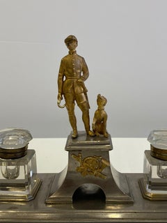 Fantastic Gilt Bronze Brass and Cut Glass Horseman & Hound Dog Desk Inkwell Set