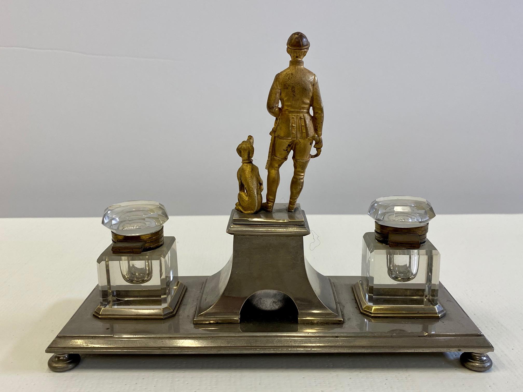 French Fantastic Gilt Bronze Brass and Cut Glass Horseman & Hound Dog Desk Inkwell Set For Sale