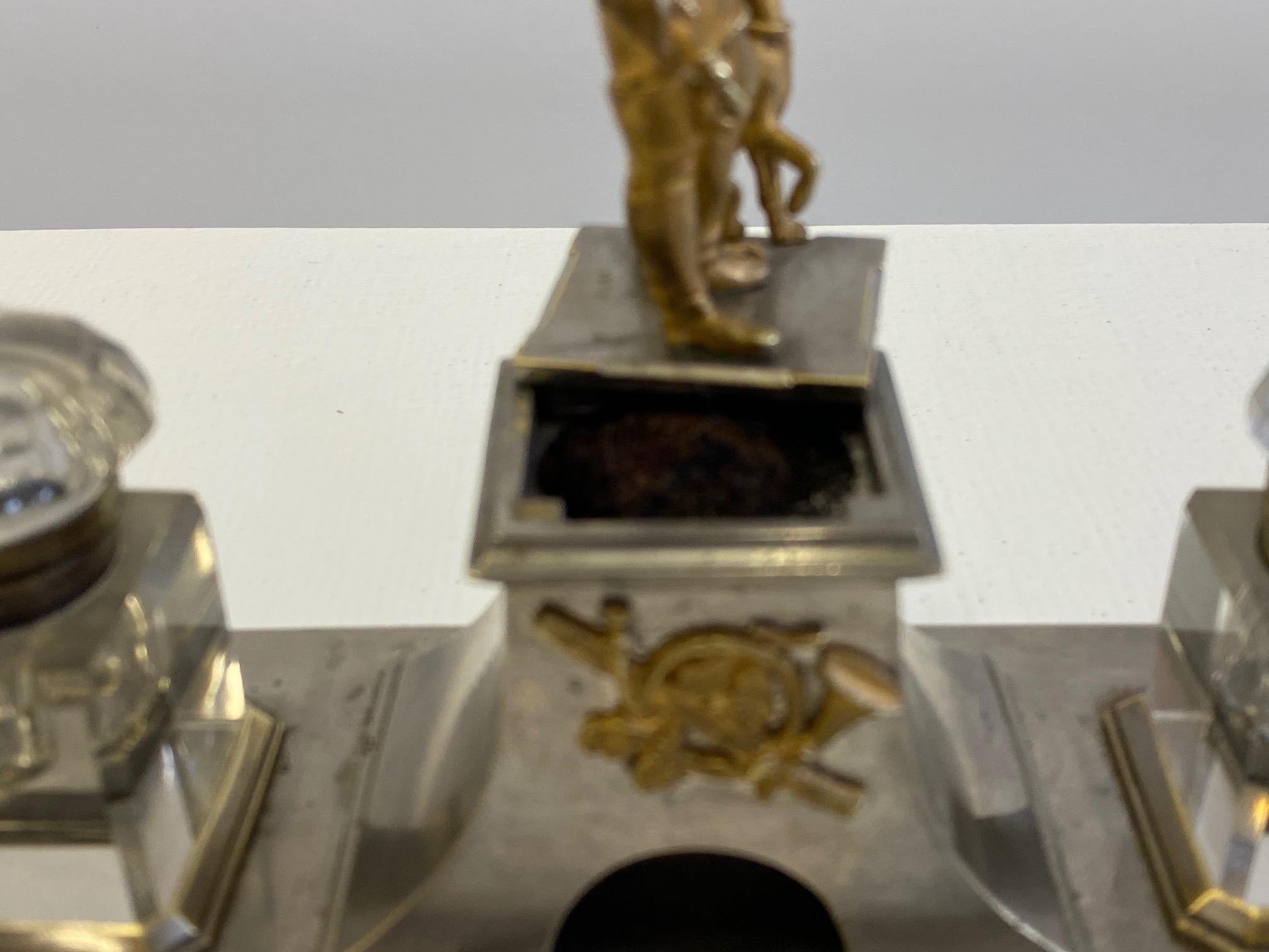 French Fantastic Gilt Bronze Brass and Cut Glass Horseman & Hound Dog Desk Inkwell Set For Sale