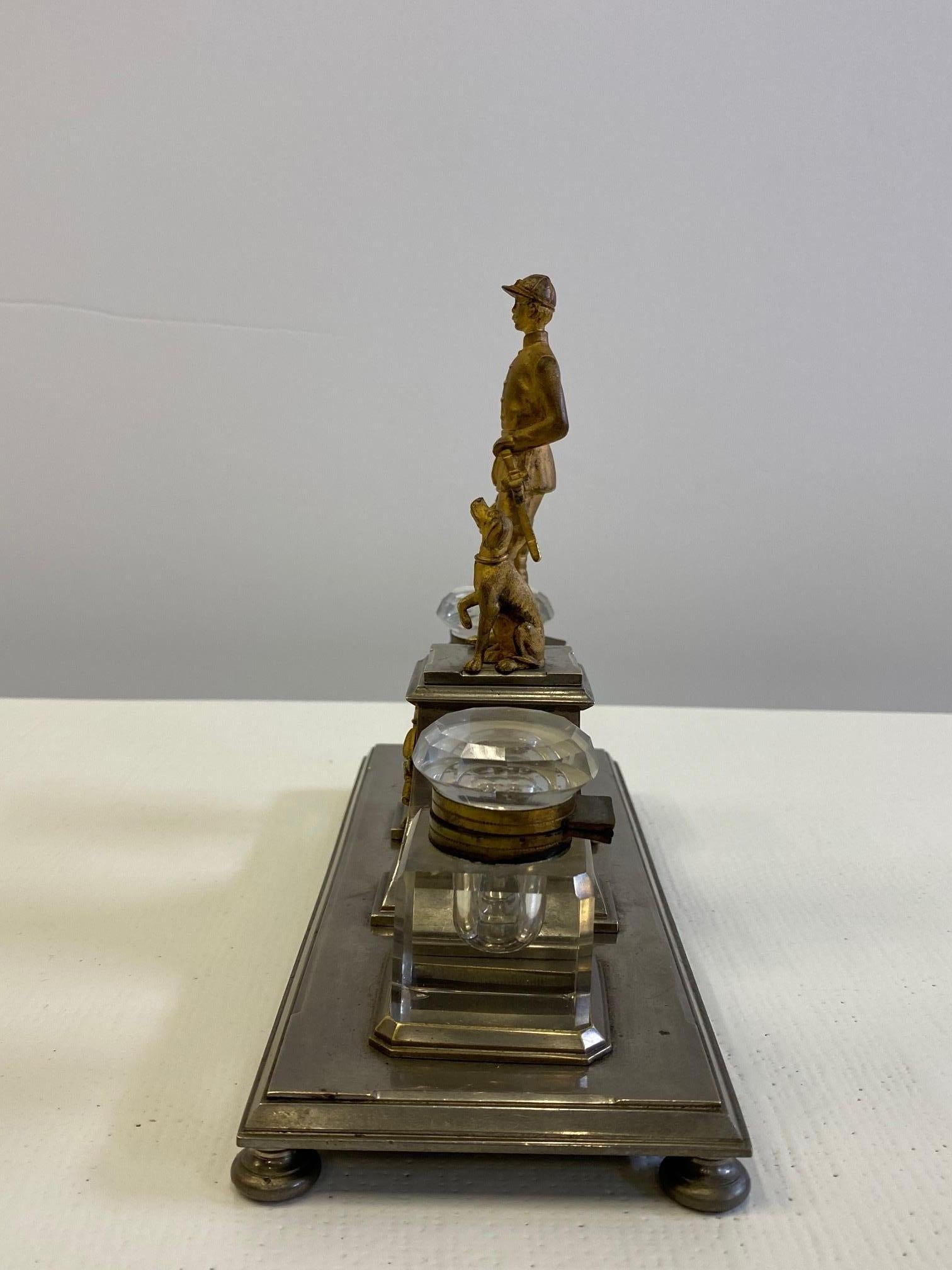 Fantastic Gilt Bronze Brass and Cut Glass Horseman & Hound Dog Desk Inkwell Set For Sale 2