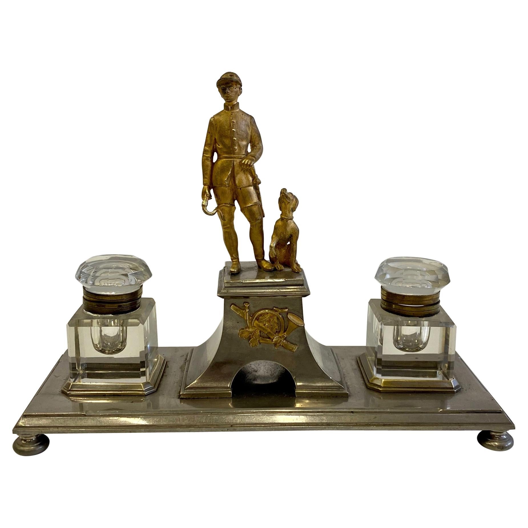 Fantastic Gilt Bronze Brass and Cut Glass Horseman & Hound Dog Desk Inkwell Set For Sale