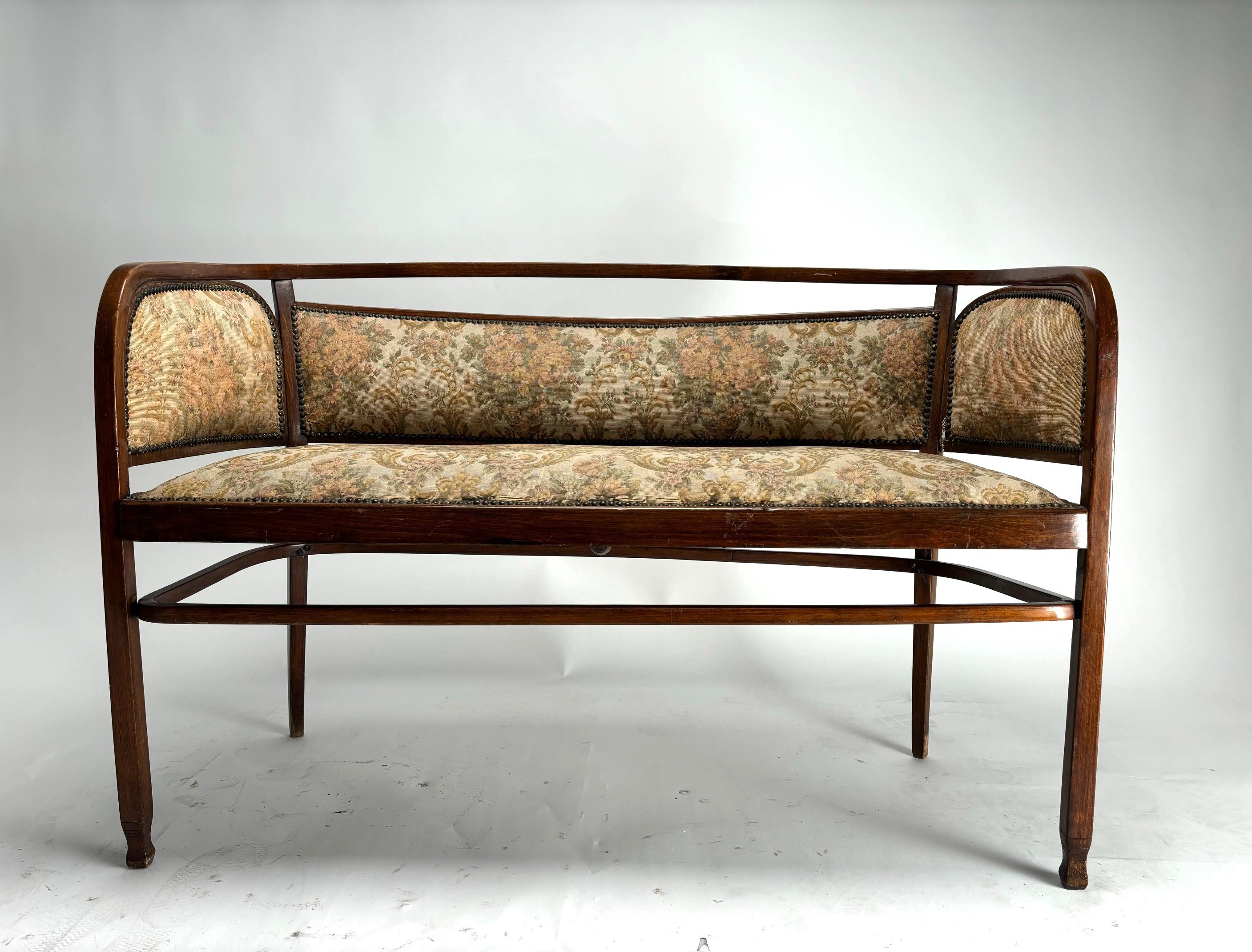 Fantastic  Art Nouveau sofa designed by famous Austrian architect Gustav Siegel for the world renowed bentwood company Jacob & Josef Kohn in Vienna/ Austria. 

 Published in J&J Kohn catalog from 1907 for Russian market.

The wooden structure is