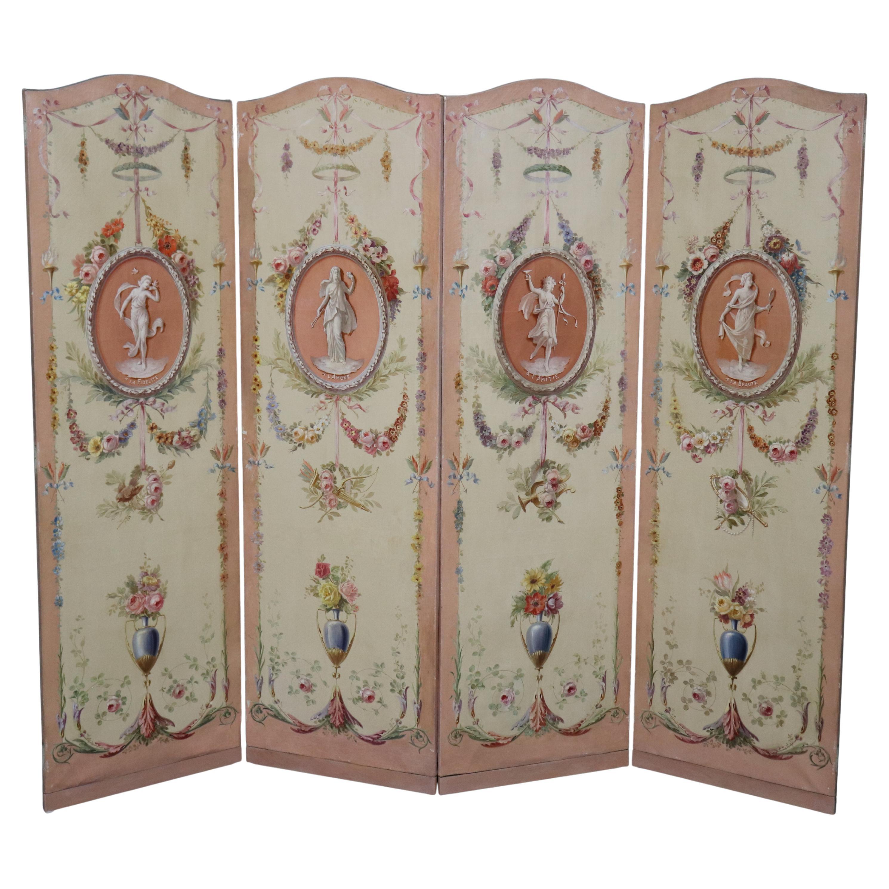 Fantastic Hand-Painted 4 Panel Classical Romantic Screen Room Divider