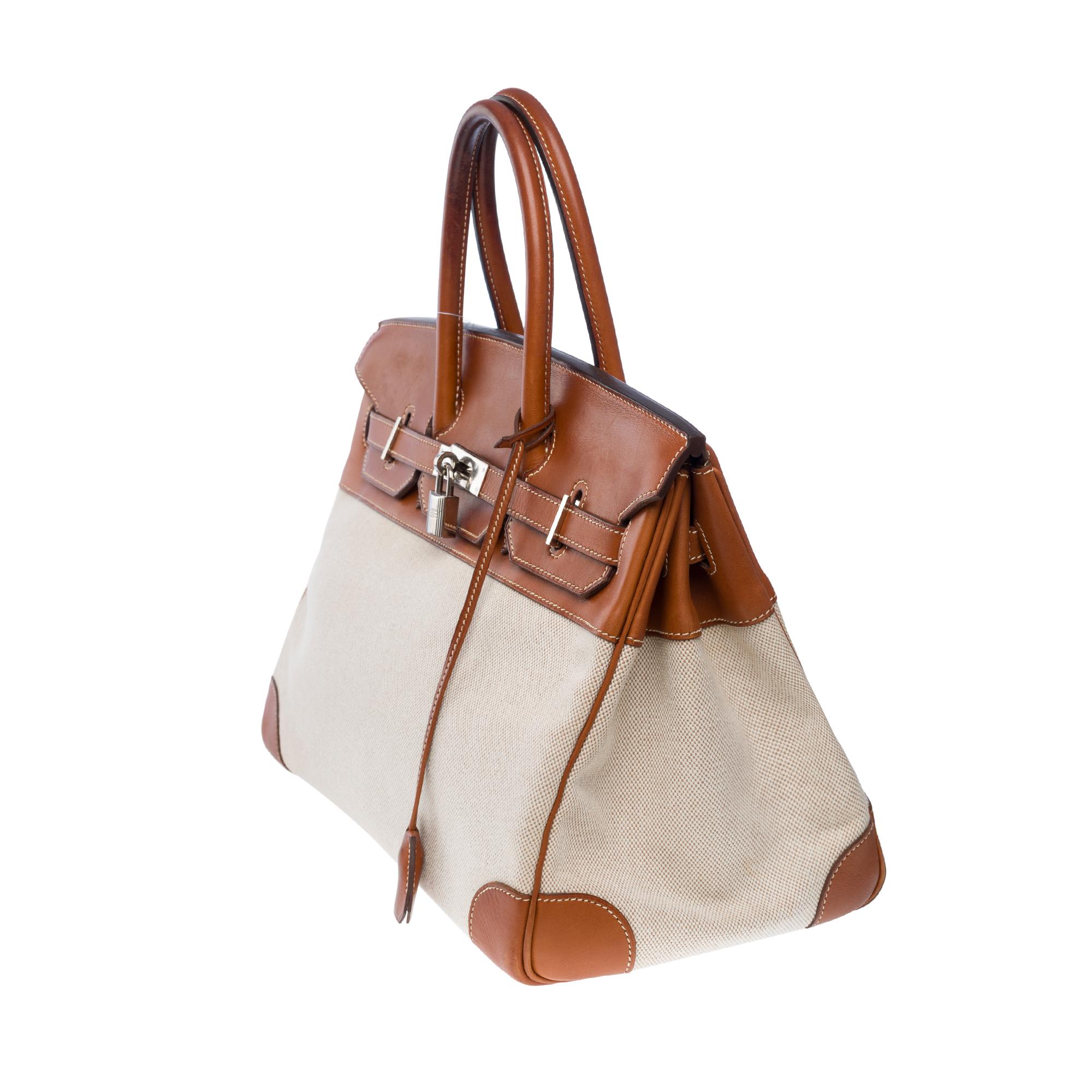 Fantastic Hermès Birkin 35 handbag in brown Barenia leather & Beige Canvas, SHW In Good Condition In Paris, IDF