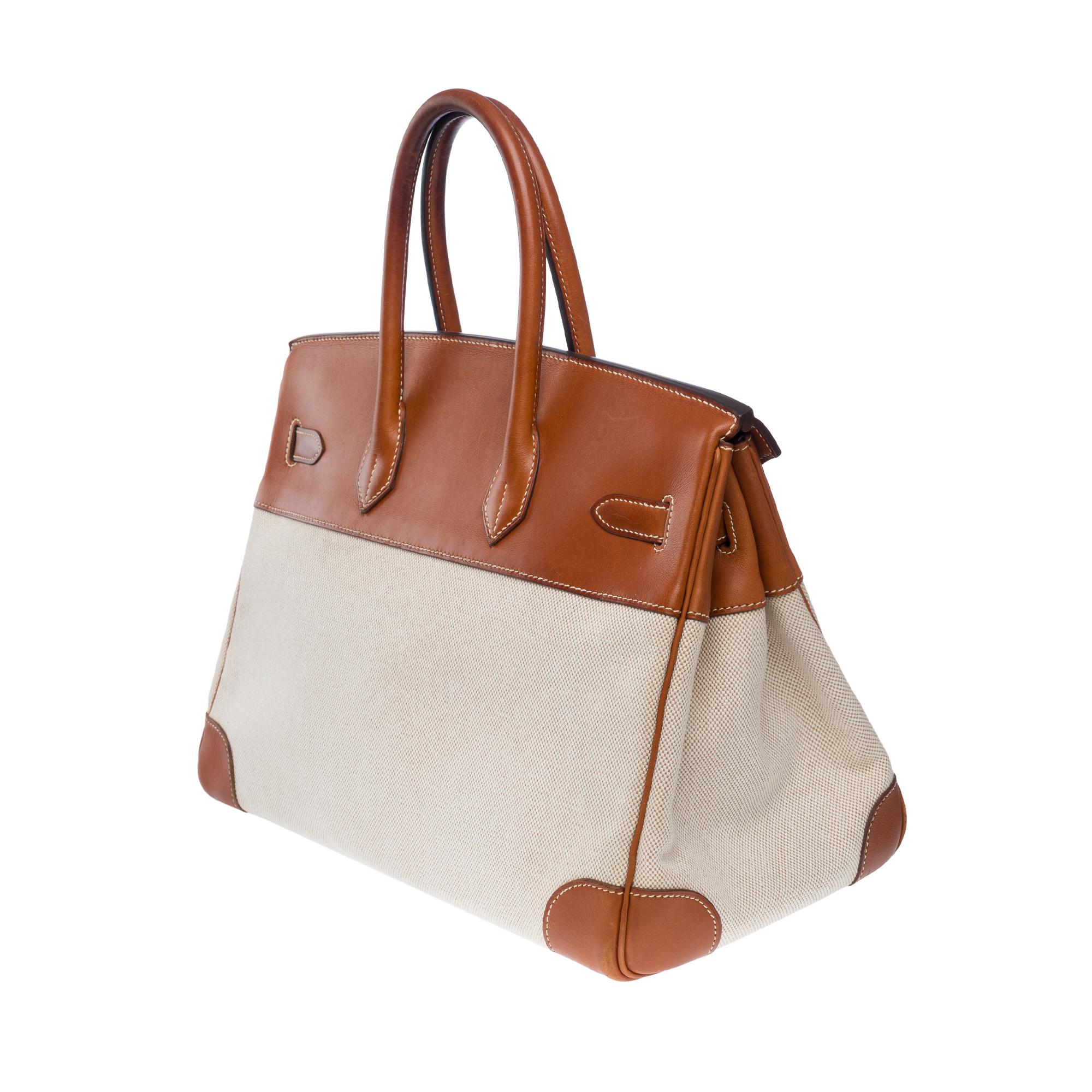  Fantastique sac à main Herm�ès Birkin 35 en cuir Barénia marron et toile Brown, SHW Unisexe 