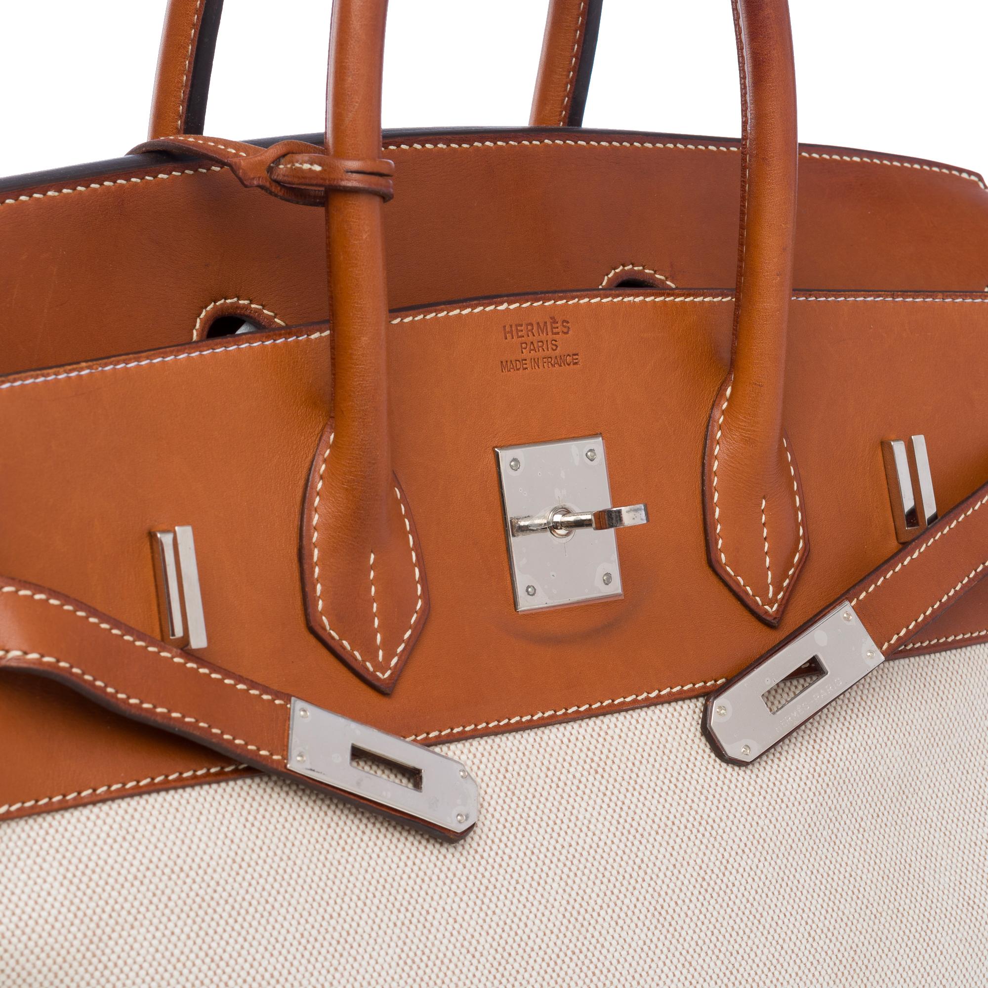 Fantastique sac à main Hermès Birkin 35 en cuir Barénia marron et toile Brown, SHW 1