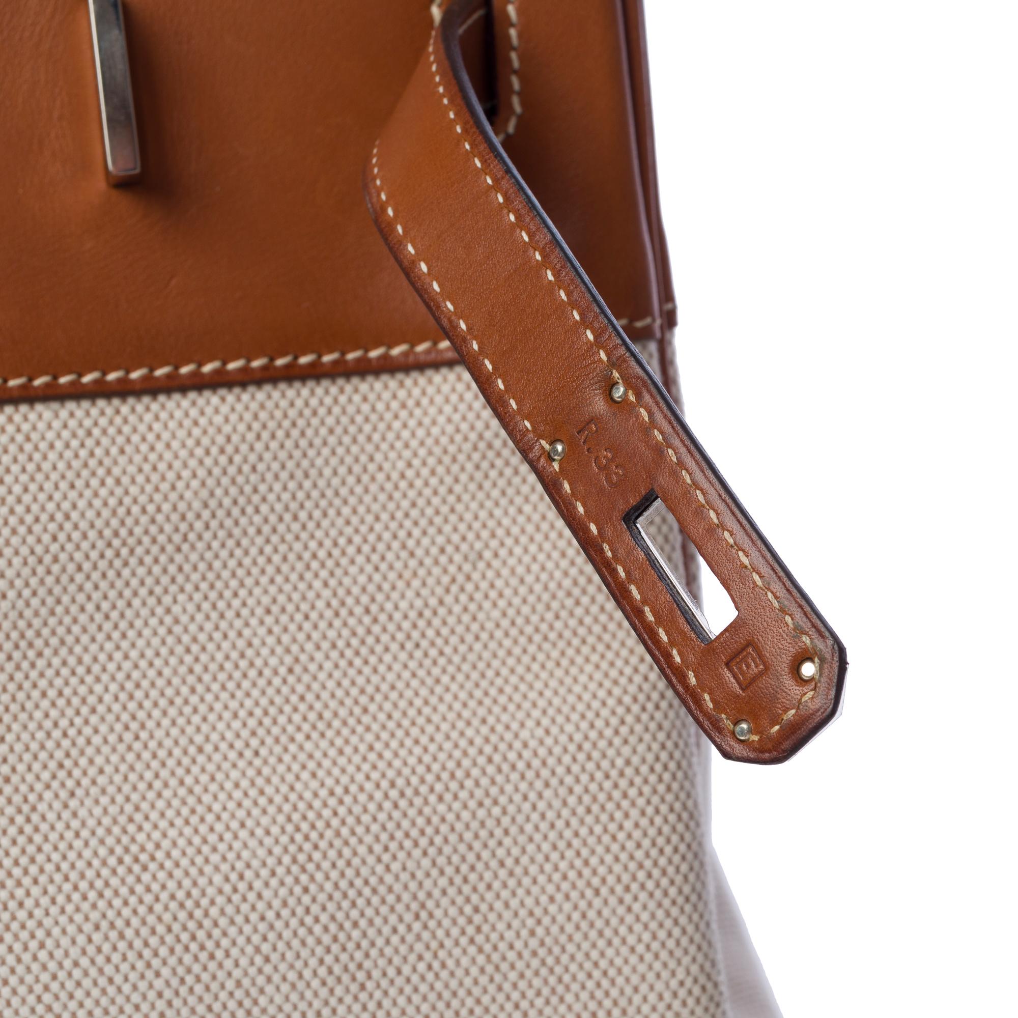 Fantastique sac à main Hermès Birkin 35 en cuir Barénia marron et toile Brown, SHW 2