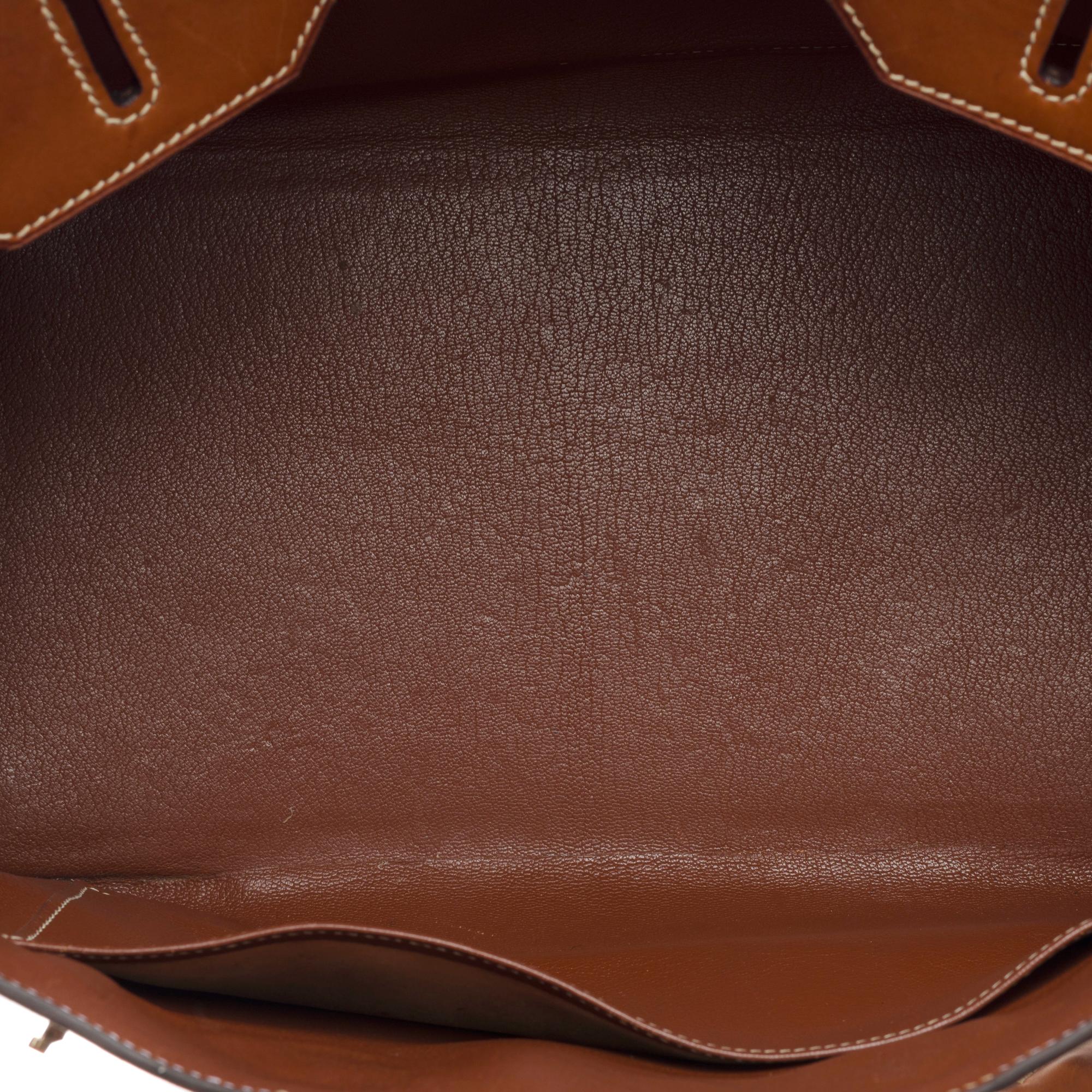 Fantastic Hermès Birkin 35 handbag in brown Barenia leather & Beige Canvas, SHW For Sale 3