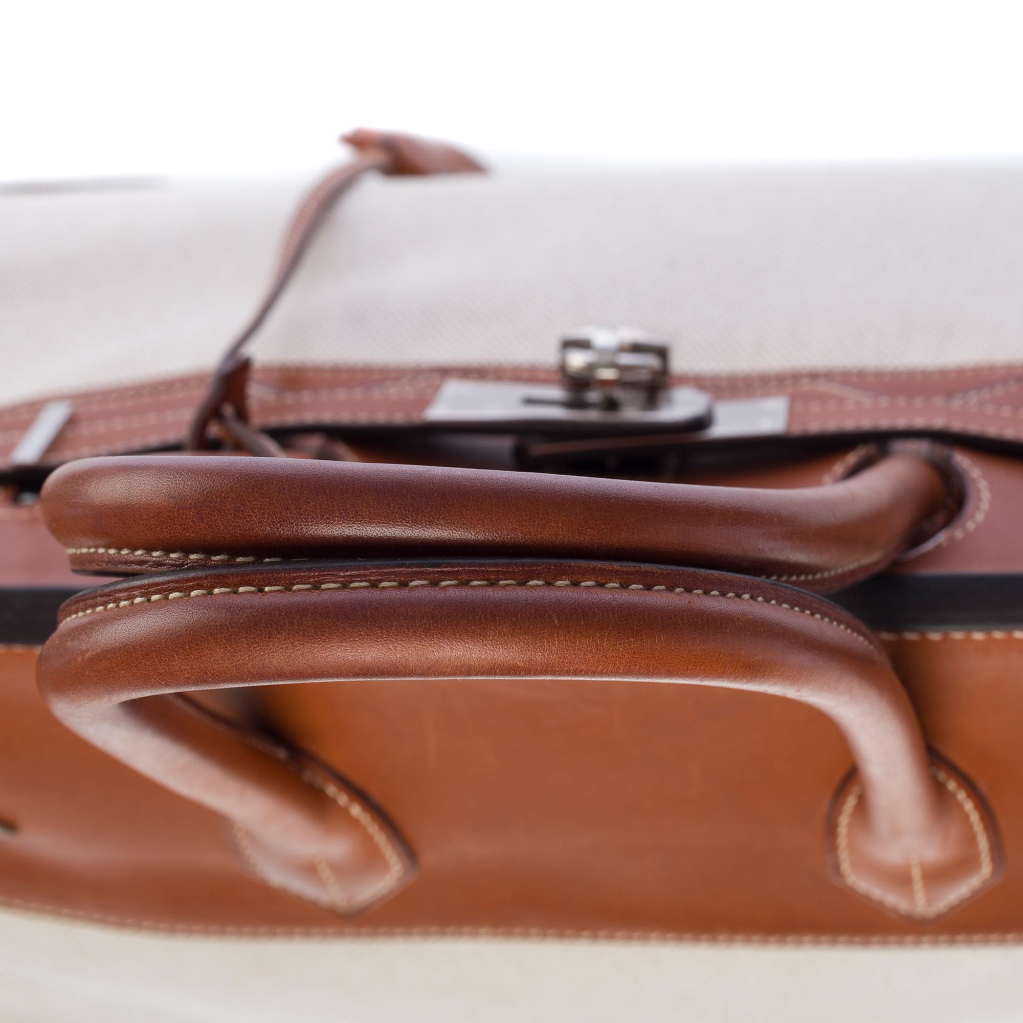 Fantastique sac à main Hermès Birkin 35 en cuir Barénia marron et toile Brown, SHW 4