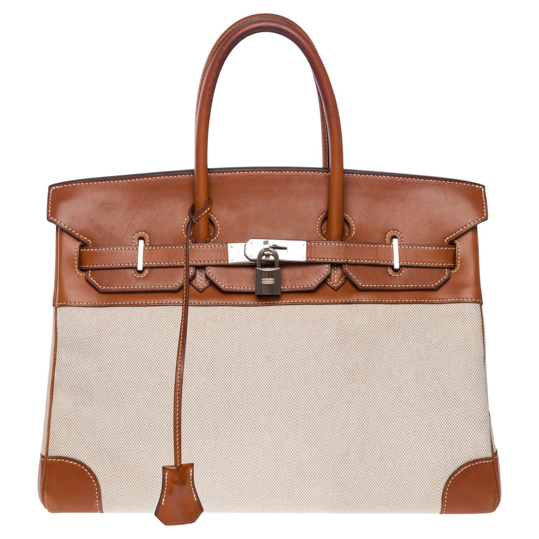 Fantastique sac à main Hermès Birkin 35 en cuir Barénia marron et toile Brown, SHW