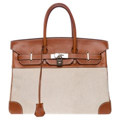 Fantastische Hermès Birkin 35 Handtasche in Brown Barenia Leder & Beige Canvas, SHW