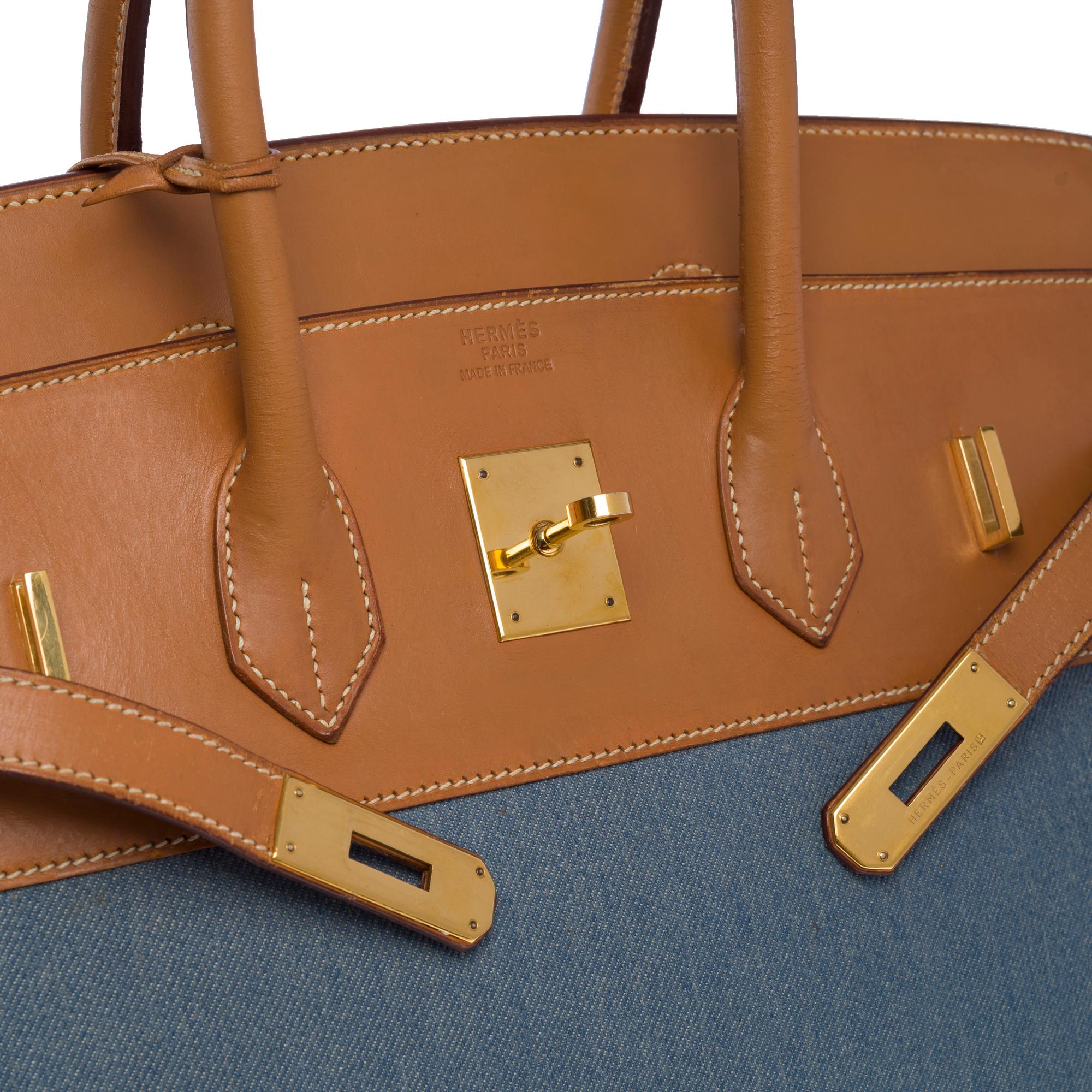 Fantastic Hermès Birkin 35 handbag in brown Barenia leather & Blue Denim, GHW In Good Condition In Paris, IDF