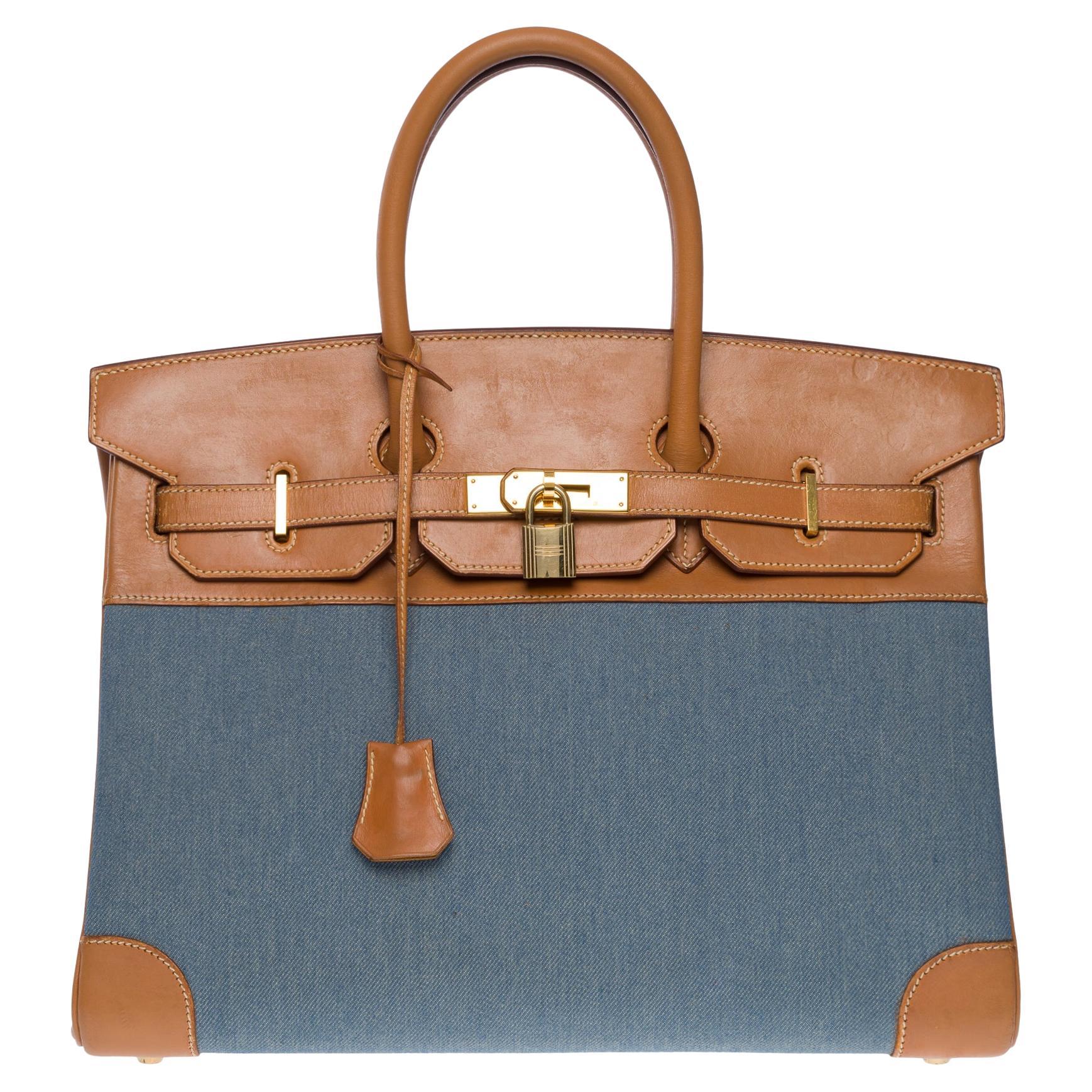 Fantastic Herm�ès Birkin 35 handbag in brown Barenia leather & Blue Denim, GHW