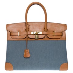 Fantastique sac à main Hermès Birkin 35 en cuir Barenia marron & Blue Denim, GHW